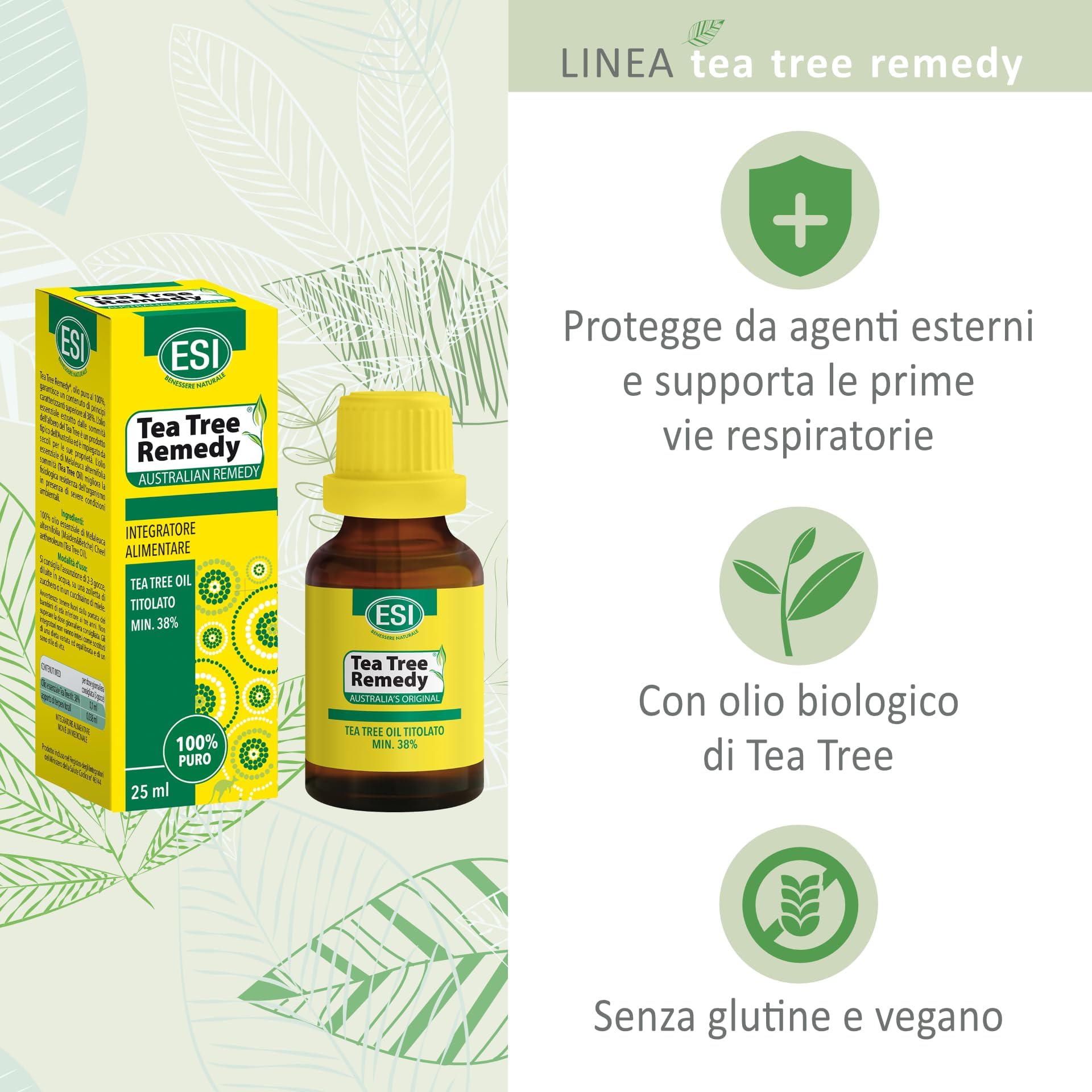 ESI - Tea Tree Remedy Oil, Olio Biologico, Integratore Alimentare, Migliora la Resistenza Fisiologica a Severe Condizioni Ambientali, Supporta le Prime Vie Respiratorie, Senza Glutine e Vegan, 25 ml