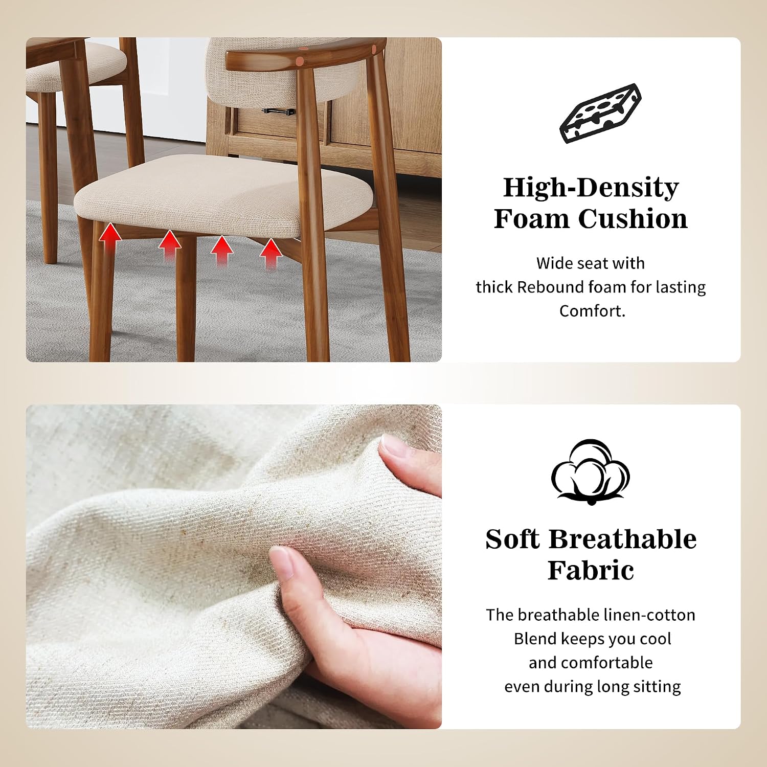 Wooden Dining Chairs Set of 2 Mid Century Modern Upholstered Farmhouse Dining Room Chair with Solid Wood Legs, Fabric Kitchen Side Chairs with Ergonomic Curved Backrest