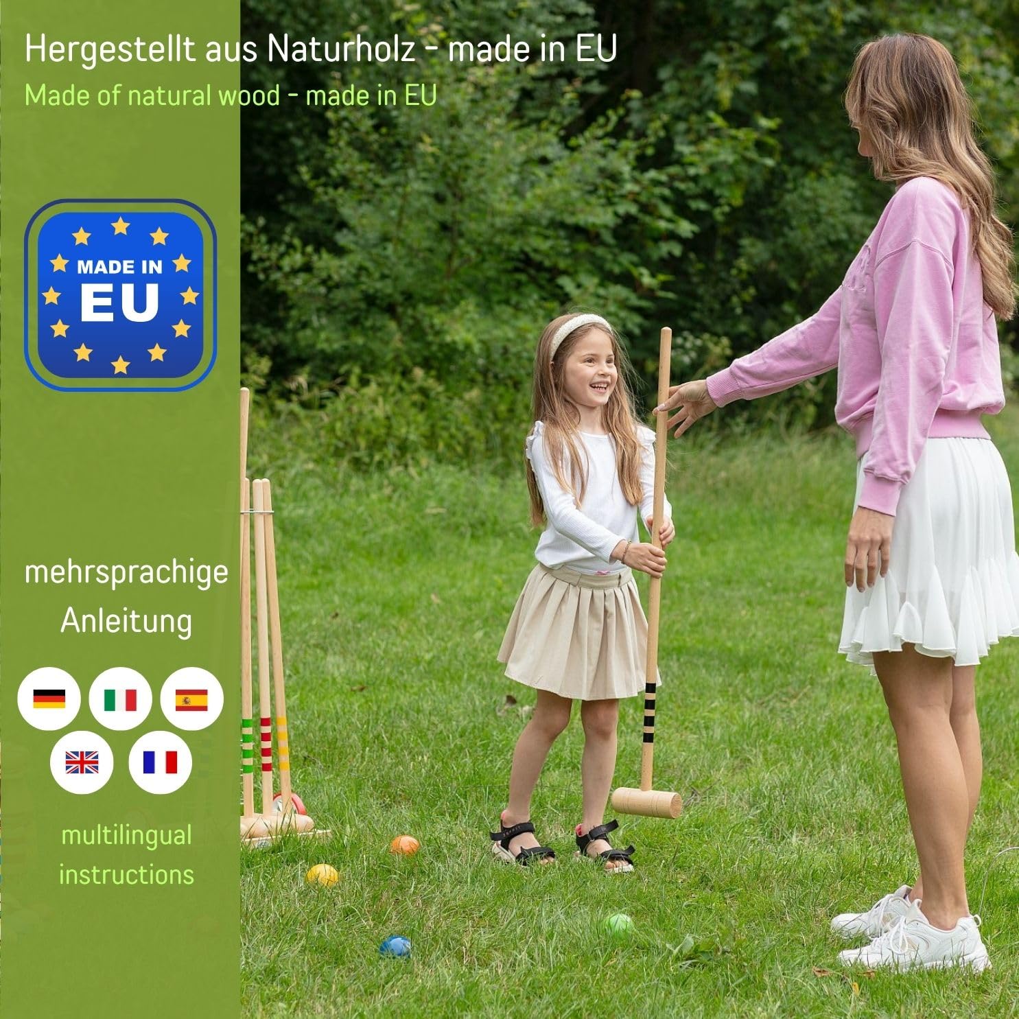GICO Jeu de Croquet en Chariot en Bois - Plein air - 4 Joueurs - Maillets 80 cm