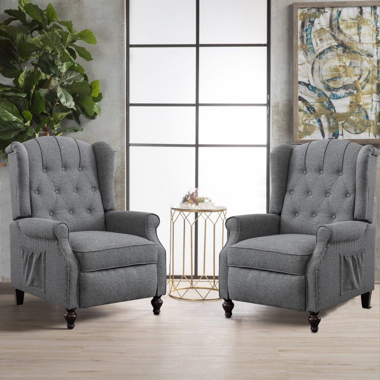 SENIFIS Pushback Recliner Chair Set of 2, Linen Tufted Armchairs with Massage & Heat, Mid-Century Modern Wingback Accent Chairs for Living Room, Small