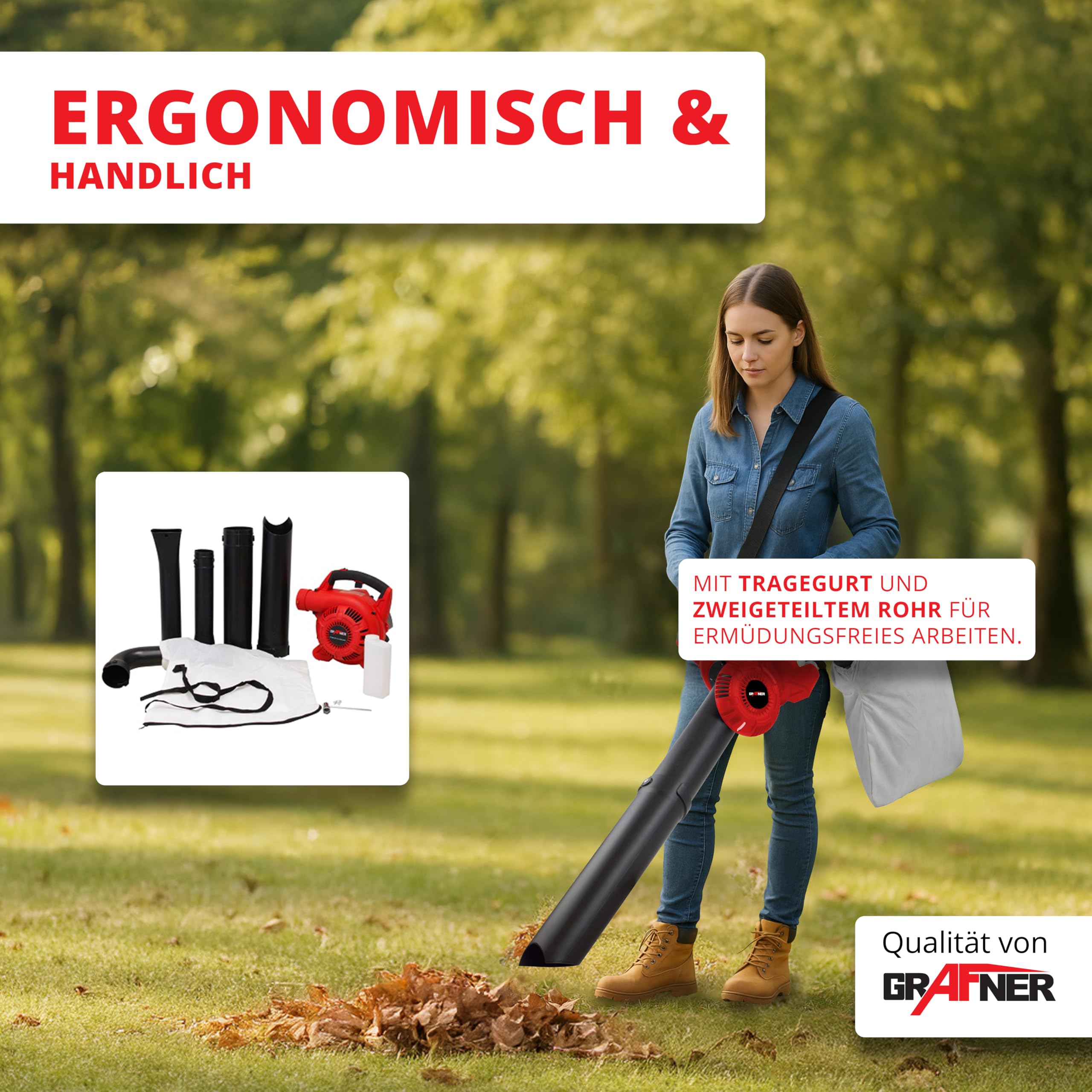 Grafner Benzin Laubsauger 3in1, 2-Takt, Laubbläser Laubsauger & Häcksler, incl. 35 Liter Fangsack, 2 Rohre, Schultergurt & Anti-Vibrationsgriff, Blasgeschwindigkeit: 71 m/s, 90% Laubreduktion