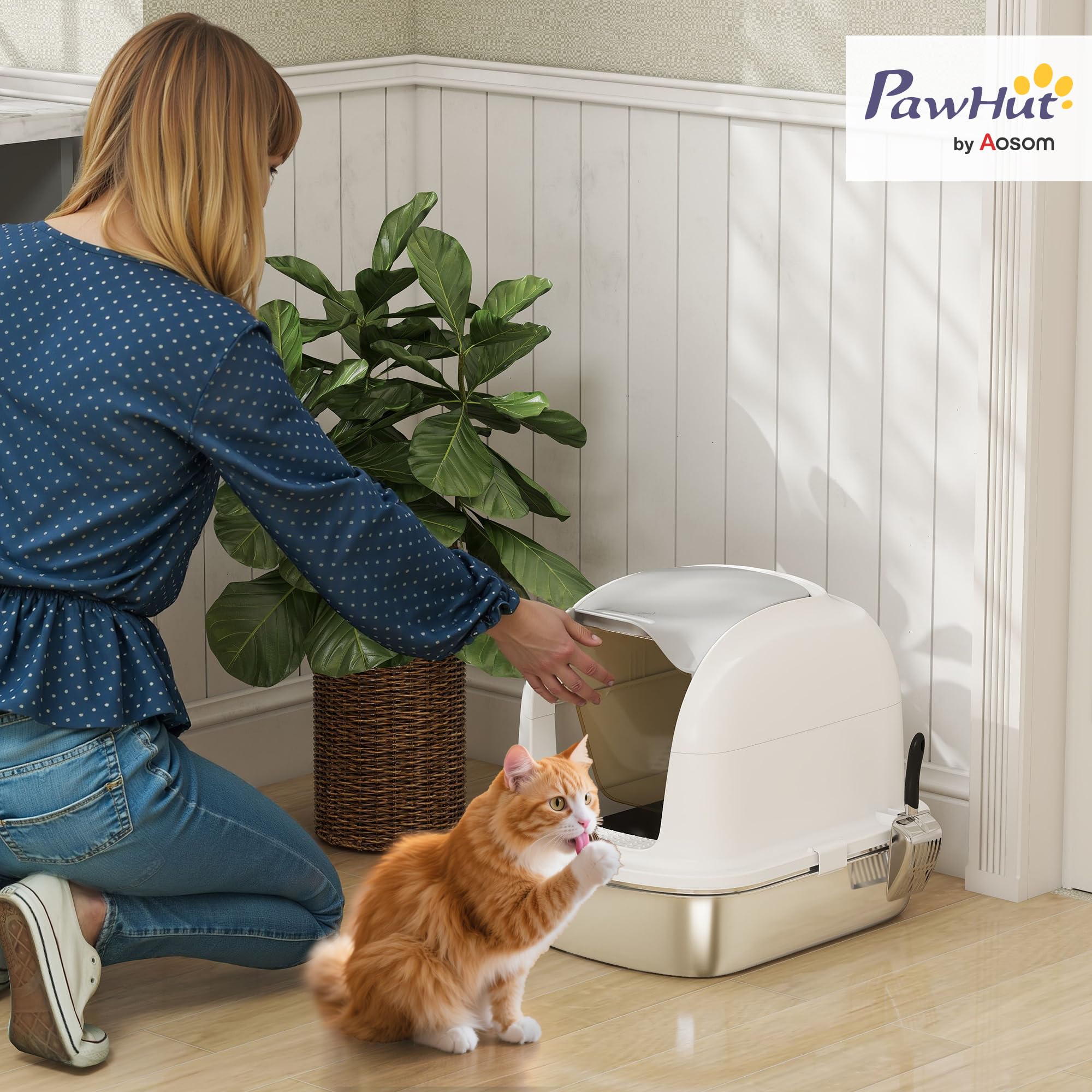 PawHut Arenero para Gatos de Acero Inoxidable XL con Tapa Abatible Blanco | Caja de Arena para Gatos, Laterales Altos, Entrada Superior, Pala, Sin Olores, Fácil de Limpiar, Antifugas