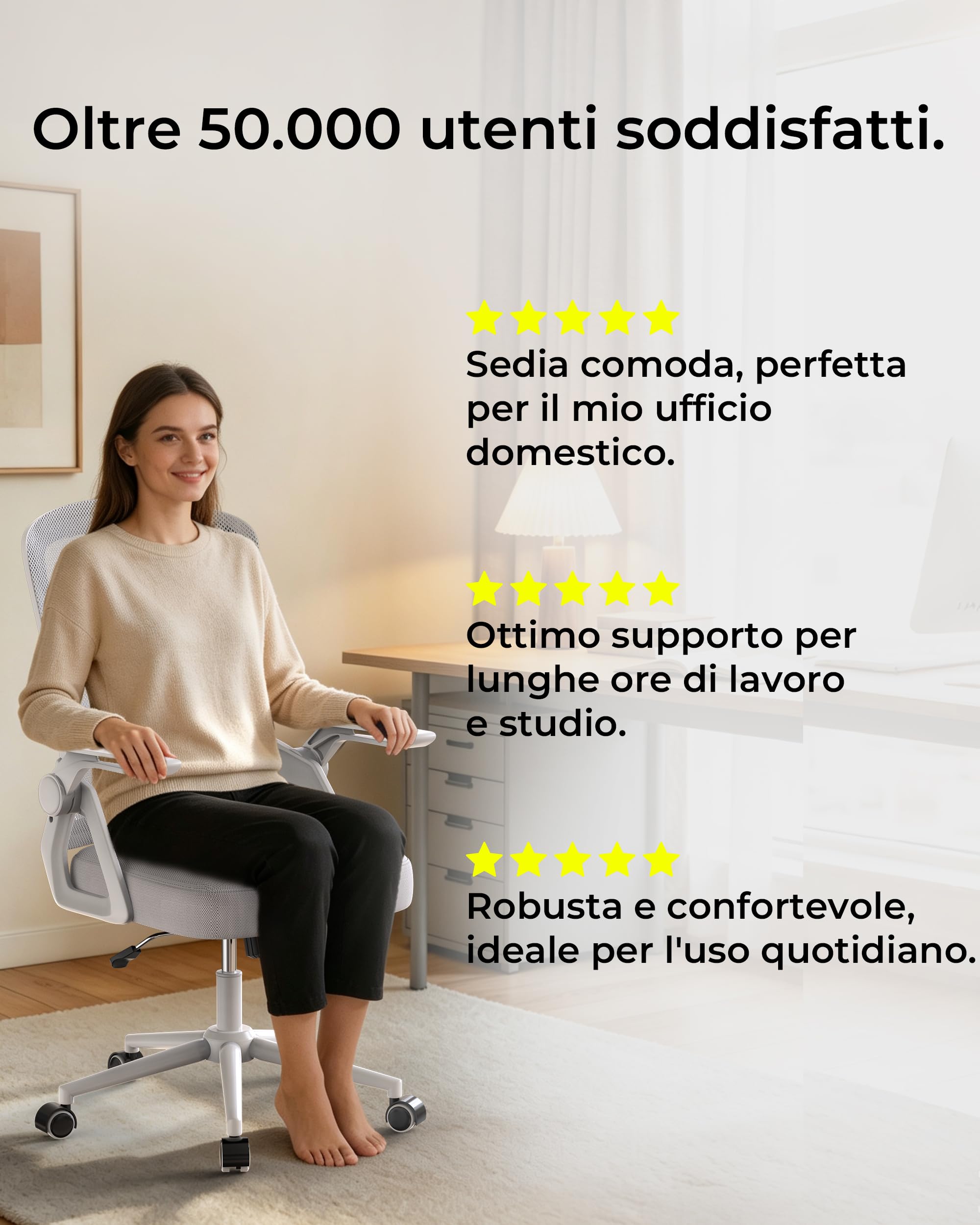 rattantree Sedia da Ufficio Scrivania Ergonomica, Con Braccioli Pieghevoli,Seduta e Schienale in Rete Respirante, Altezza Regolabile, Girevole con Ruote, Funzione Oscillante - Grigio