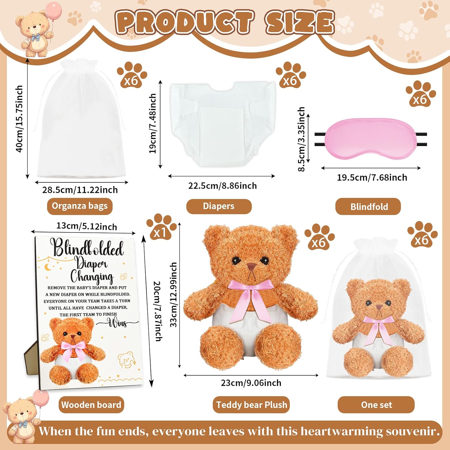 25 pack baby shower games blindfold diaper changing kit - 12 inch bear dolls with diapers, fun bridal shower & gender reveal games supplies, group activity for adults(pink)