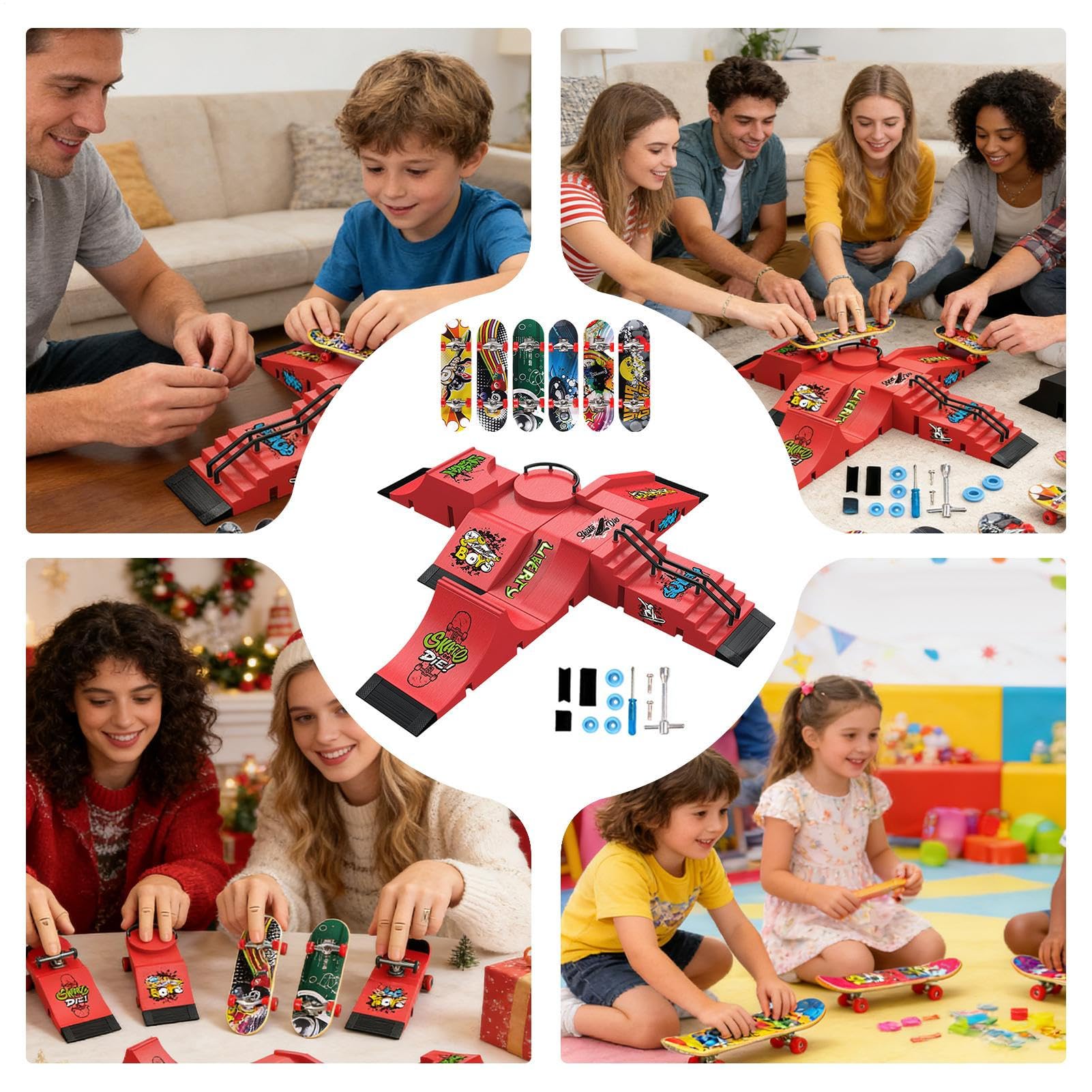 Finger Skateboard Ramp, Fingerboard Ramp for Kid, 6 Ramps 6 Fingerboard Skate Park Set, Fun Indoor Activity Portable Toy Training Set, for Birthday Party Indoor School Travel EducationalGift — view 9