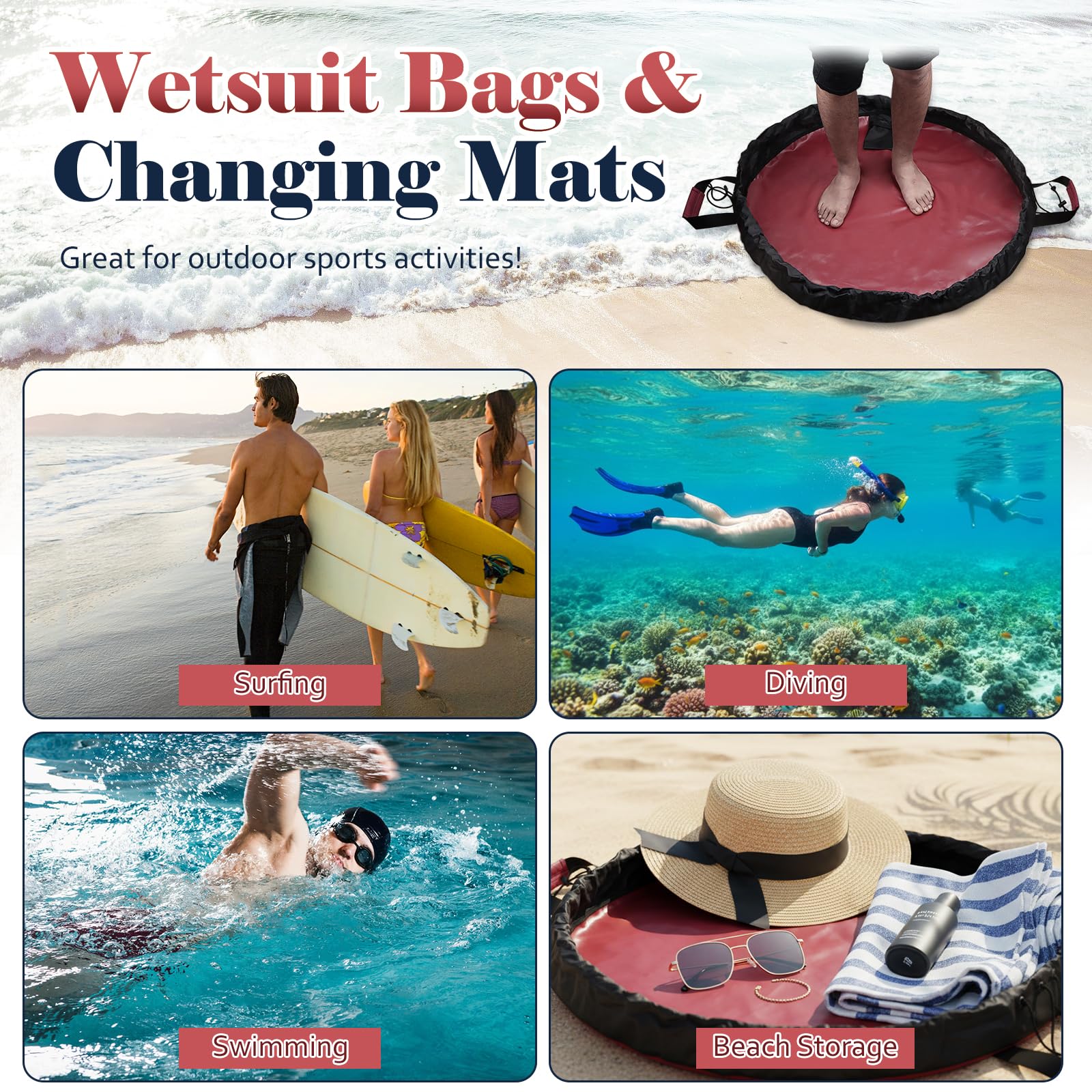 Grand tapis à langer portable avec sac étanche avec bandoulière et poignée pour le surf, la piscine, la plongée et les sports nautiques en plein air - Rouge