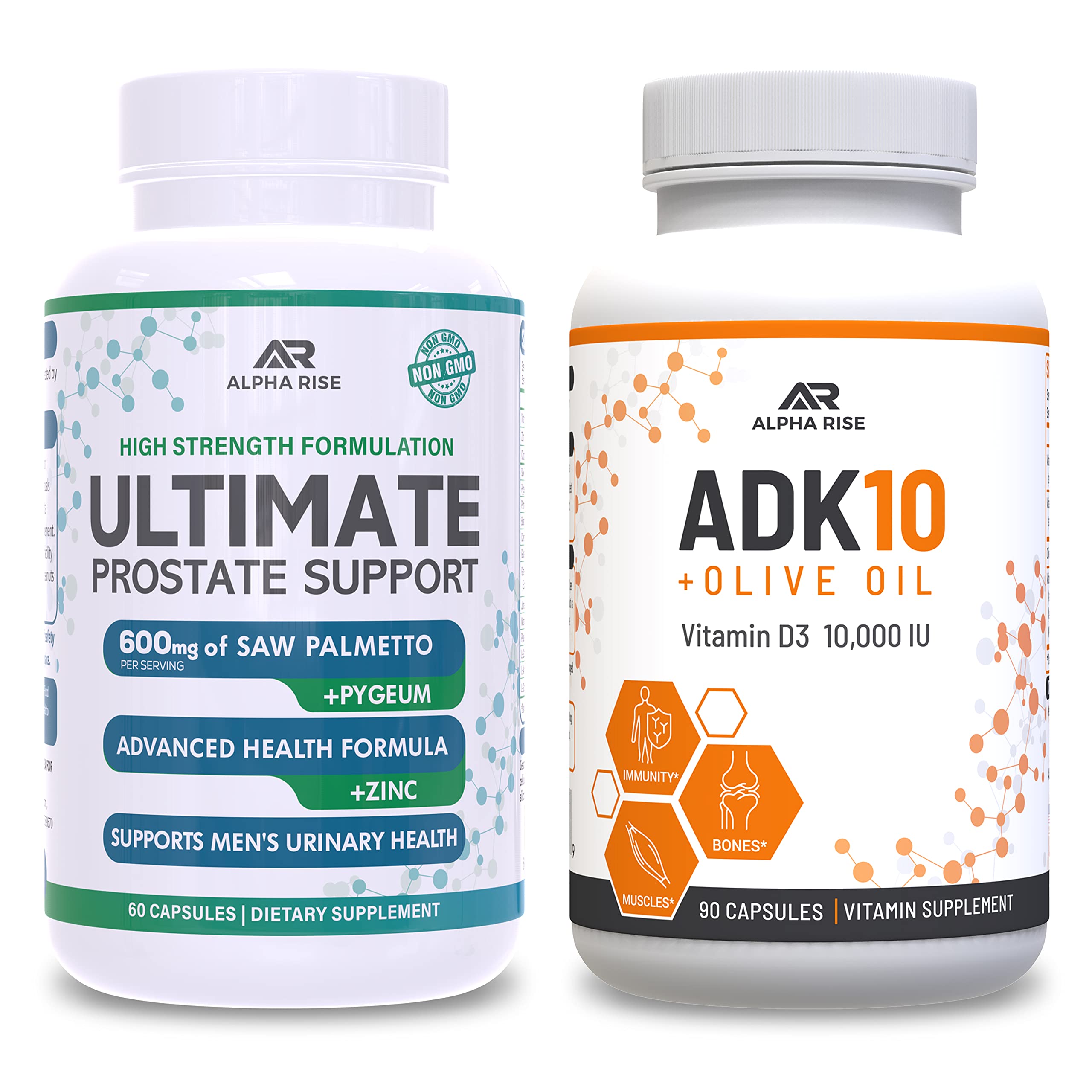 ALPHA RISE Best Over-The-Counter Prostate Support - Prostate Health Supplement for Men (60 Capsules) + ADK 10 Vitamin Supplement + Olive Oil for Better Absorption (90 Vegetarian Capsules)