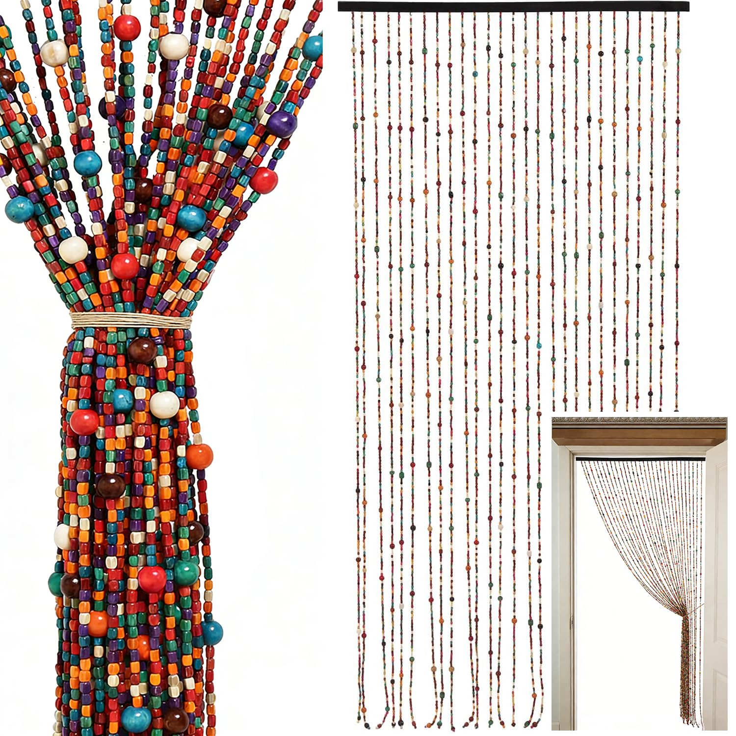 LengSuaa Bamboo Beaded Door Curtain, 27 Strands Boho Door Bead Curtain, Hanging Bamboo Wooden Bead Curtain Retro Handmade for Doors as Decoration & Insect Protection