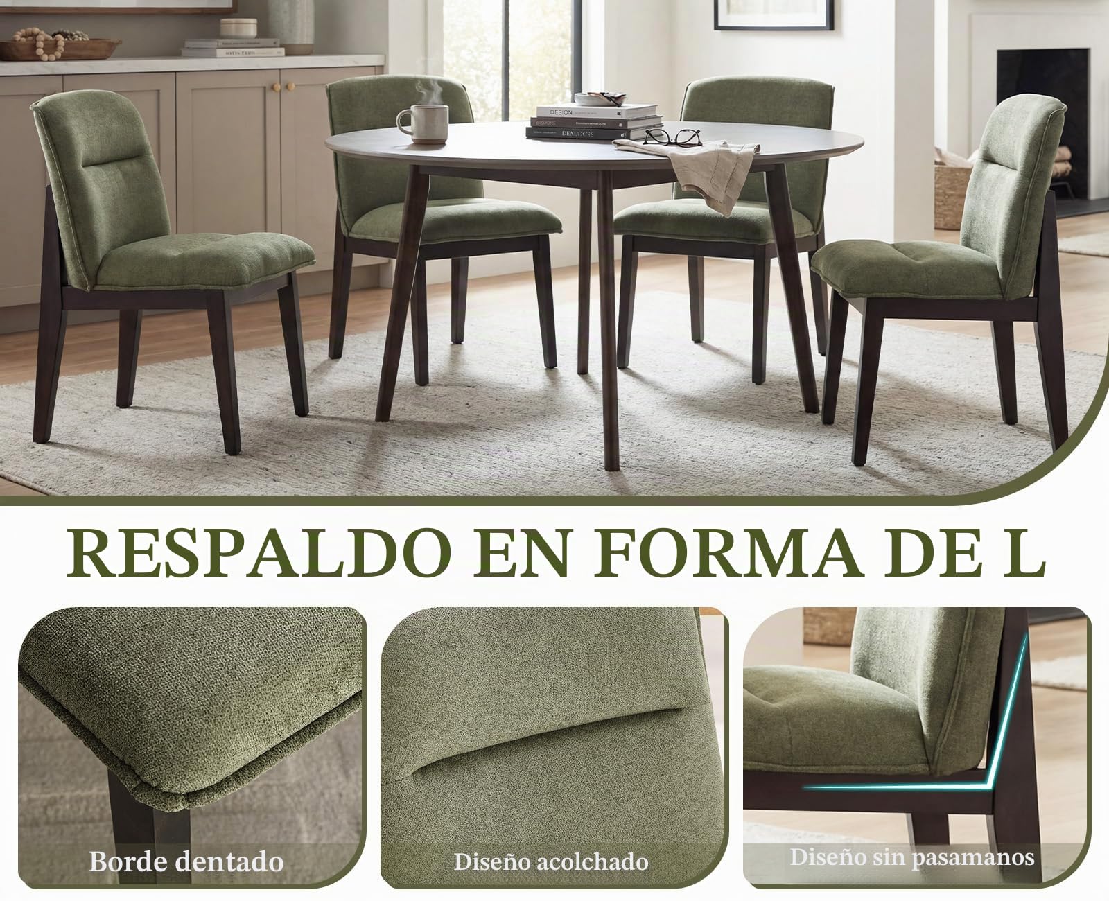 chairus Juego de 4 Silla de Comedor en Chenilla con Respaldo Alto, Silla de Cocina con Patas de Madera Silla Acolchada sin Brazos para Mesa/Salón, Verde