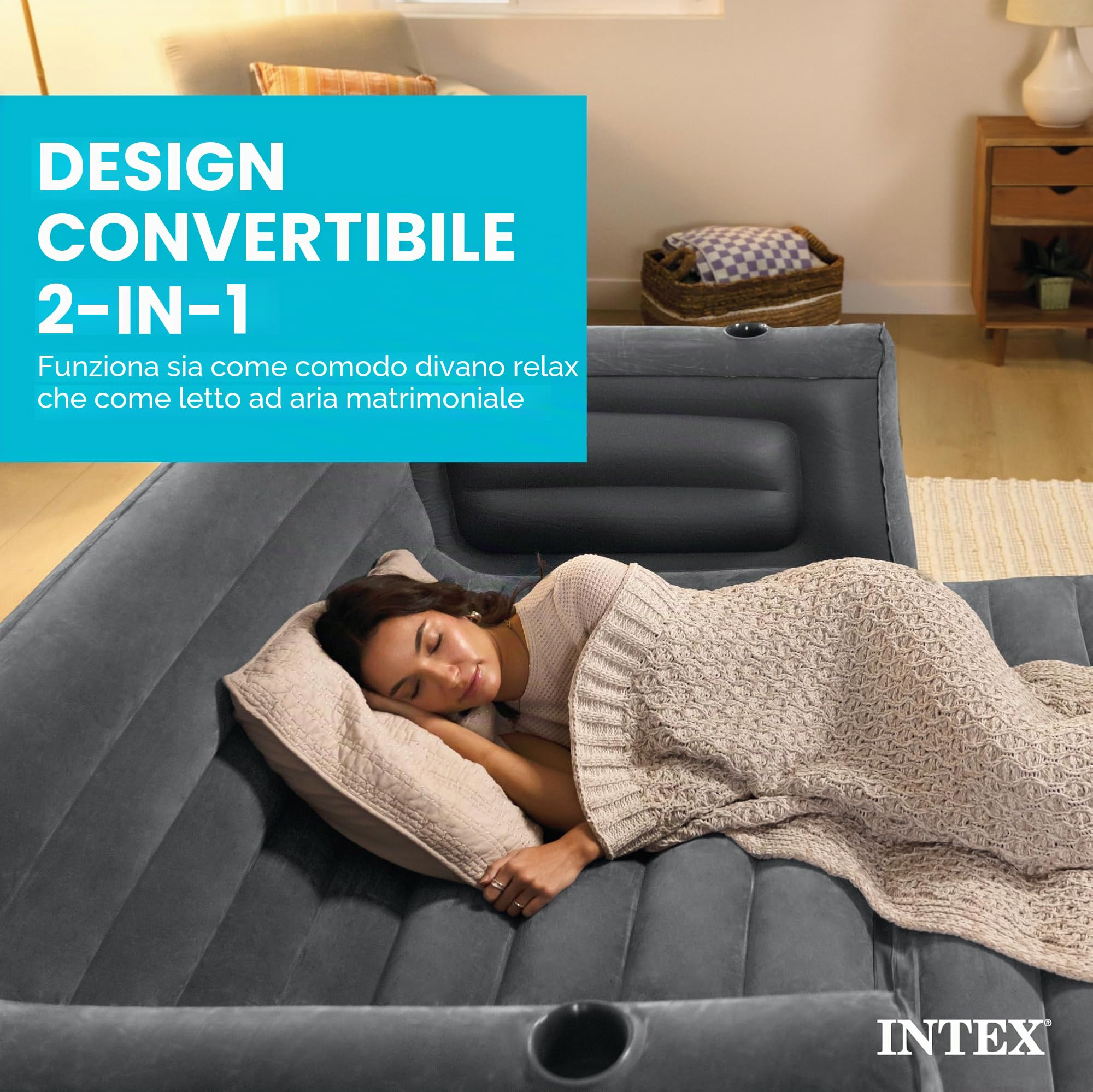 Intex Divano letto matrimoniale da campeggio gonfiabile estraibile con 3 valvole di gonfiaggio e sgonfiaggio rapide, 203,2 x 231,14 x 66,04 cm, grigio antracite