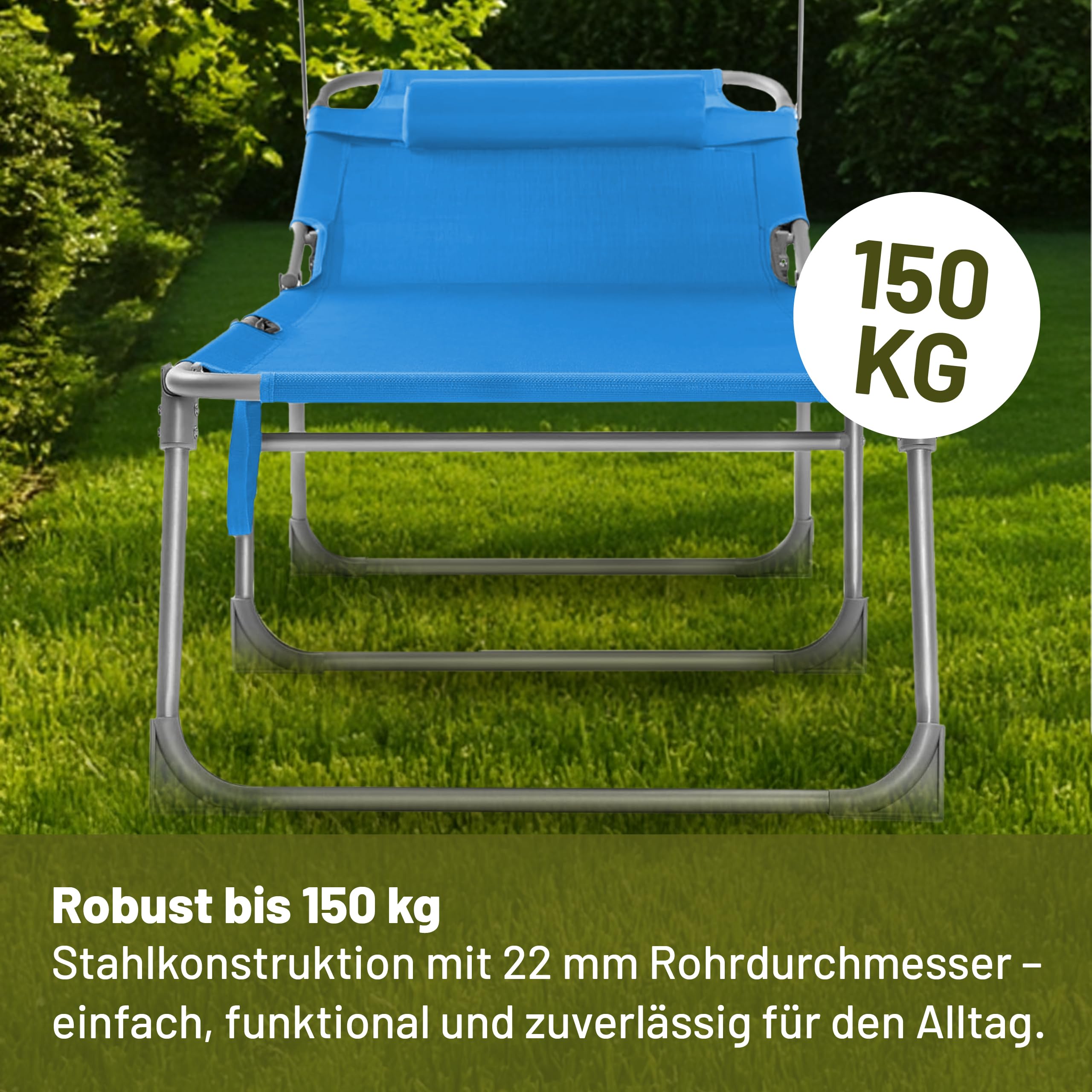 VCM Sonnenliege klappbar 185x24x55 cm Gartenliege faltbar Liegestuhl mit verstellbarem Sonnendach Blau