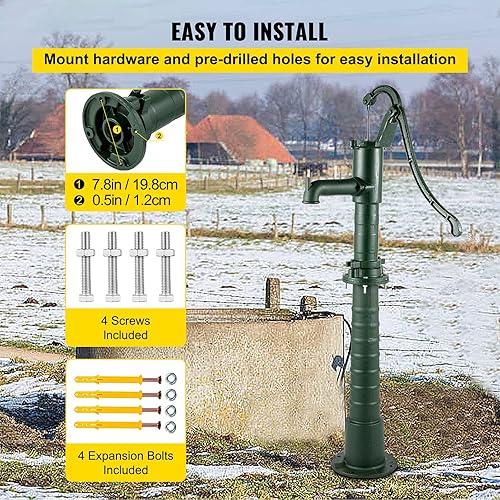 Miniatura 6 de VEVOR Bomba de agua manual de hierro fundido, jarra y soporte vintage de 26 pulgadas de altura, profundidad máxima de 20 pies, fácil instalación,