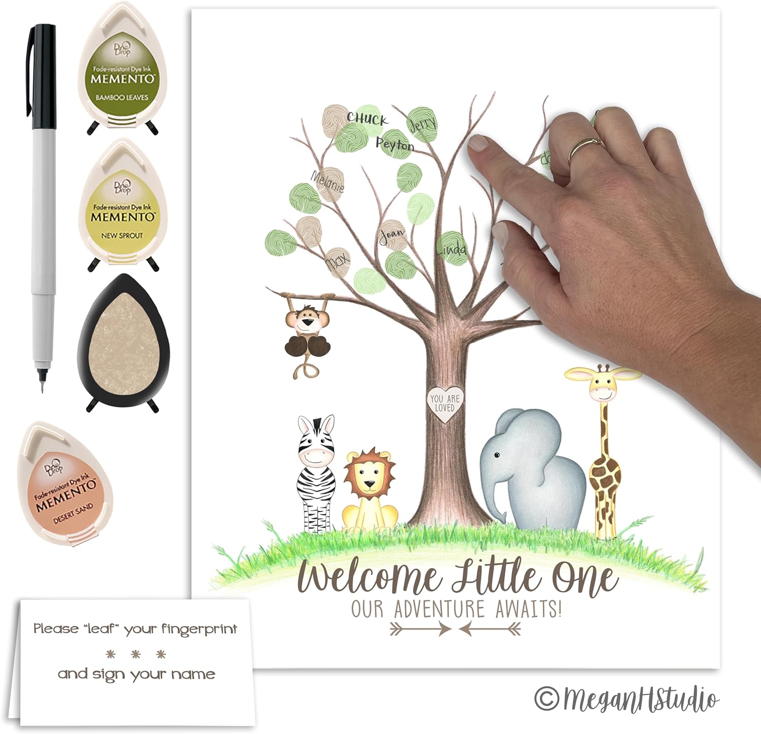 Jungle Safari Baby Shower Fingerprint Tree, Gender Neutral Jungle Safari Animal Thumbprint Tree Set with Ink Pads and Pen, 11x14 Inches