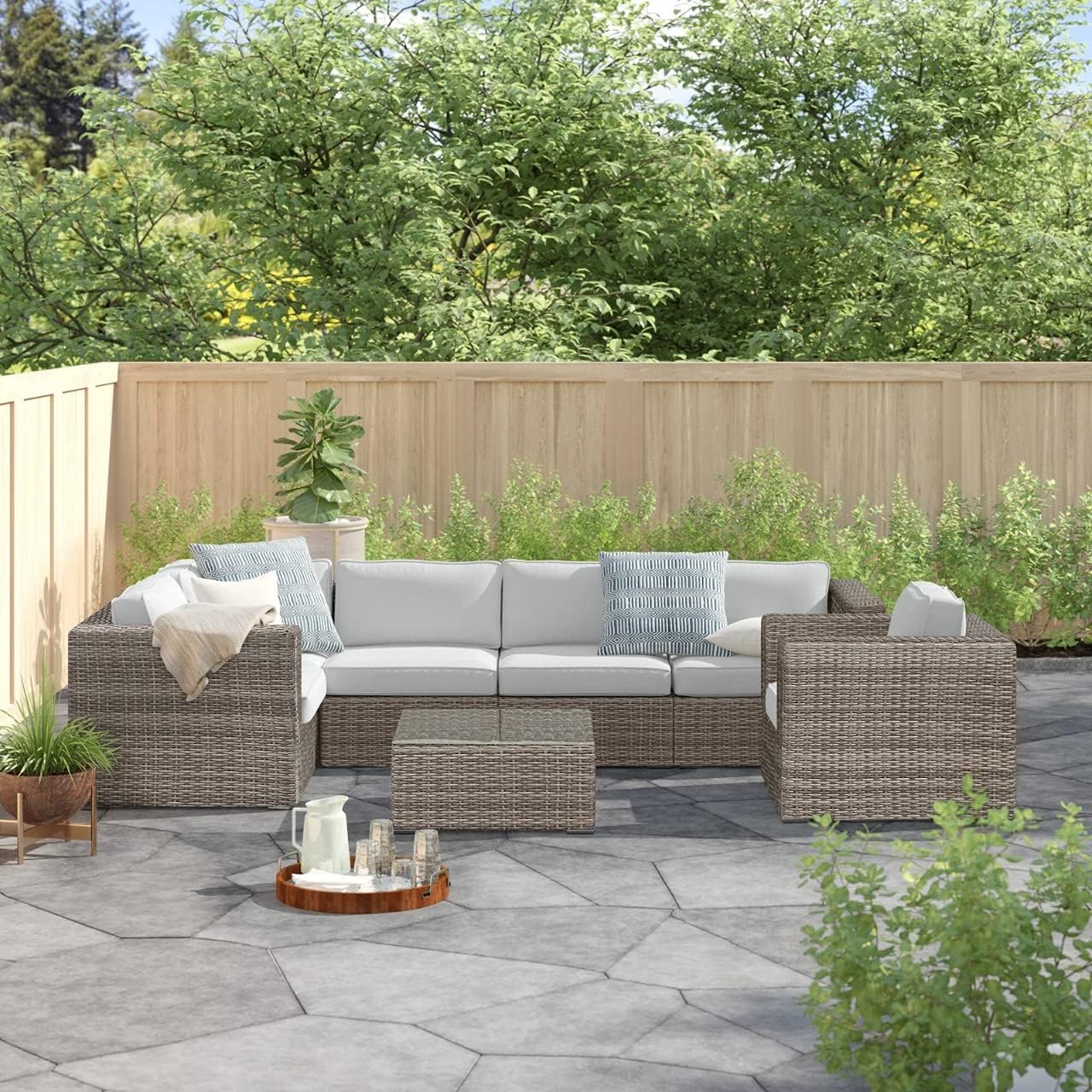 Patio Sofa | Fully Assembled | Weather Resistant Outdoor Resort Grade Convertible Set Up Aluminium-Wicker Furniture with Cushioned Seat and Coffee Table (Grey)