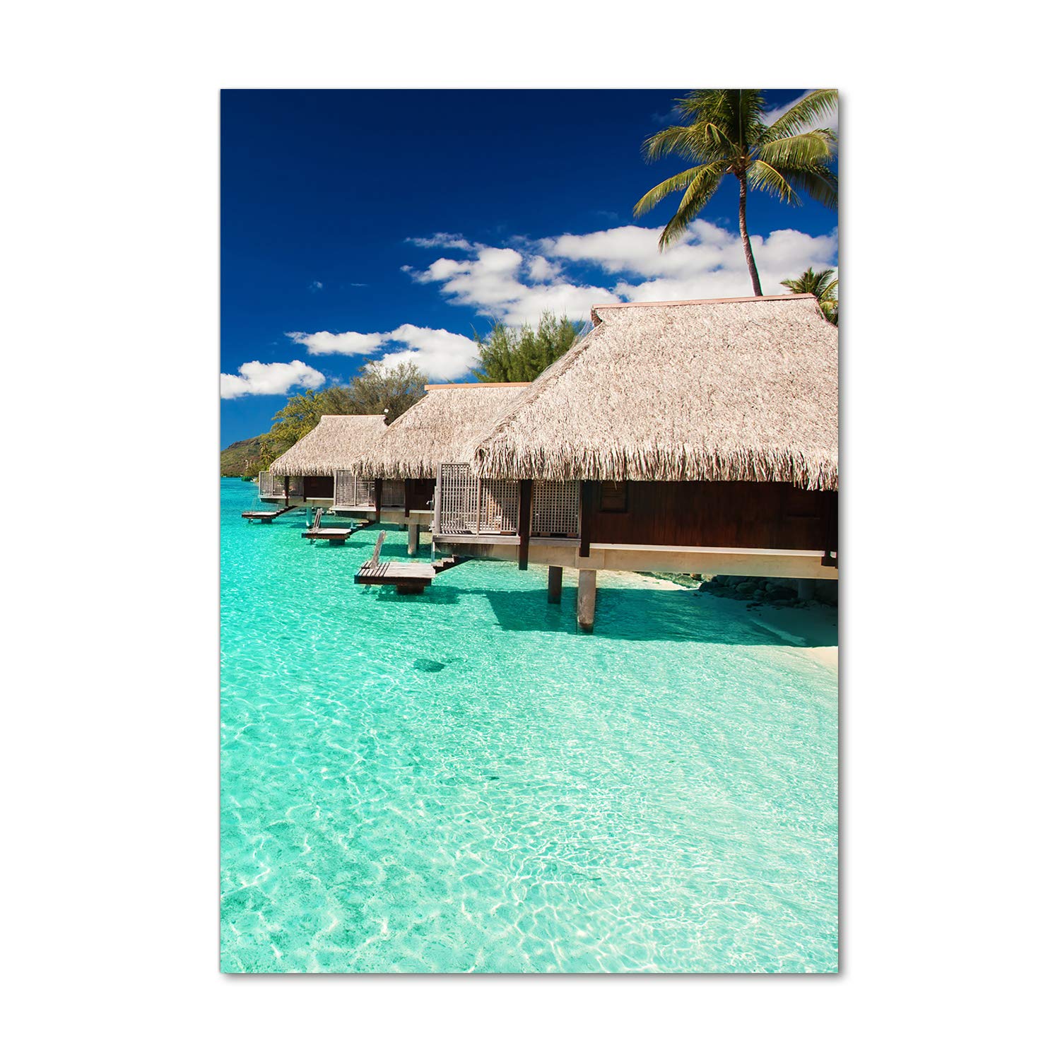 Tableau bleu en verre acrylique 70x100 cm motif île tropicale pour mur