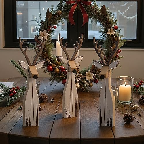 Miniatura 5 de Syhood 3 piezas de decoración navideña para interiores, letrero de mesa de renos de madera, decoración rústica de mesa de Navidad para decoración de
