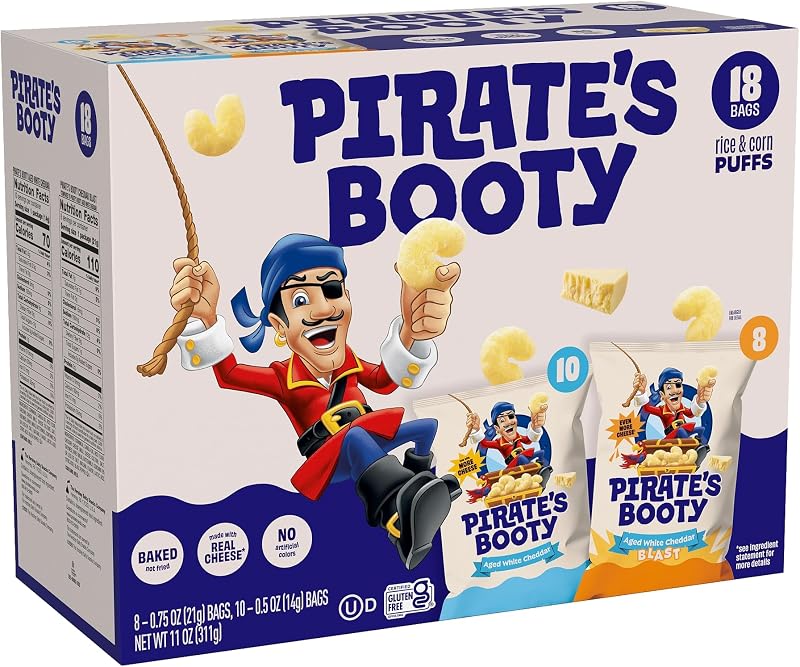 Pirate's Booty White Cheddar & Cheddar Puffs, Gluten Free Snacks, 18 ct | Aged White Cheddar and Cheddar Blast Cheese Puffs, Peanut and Tree Nut Free Kids Snacks, Snacks Variety Pack, 18 bags