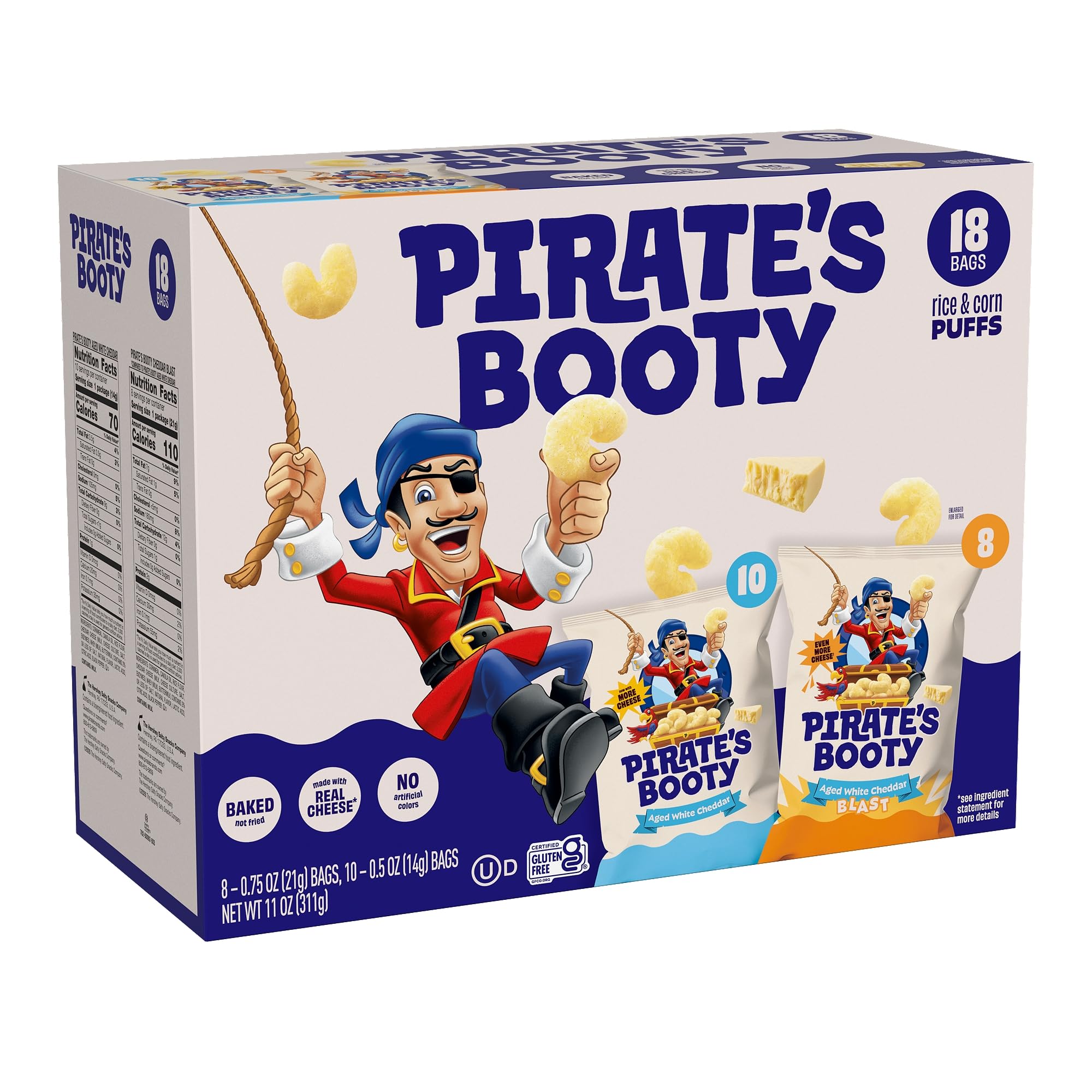 Pirate's Booty Aged White Cheddar and Cheddar Blast Cheese Puffs Variety Pack, Gluten-Free, Kids Snacks, 0.5oz and 0.75oz (18ct)