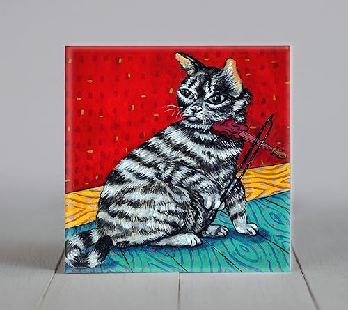 Americn Shorthair cat violin coaster tile farmouse animal home office room decor