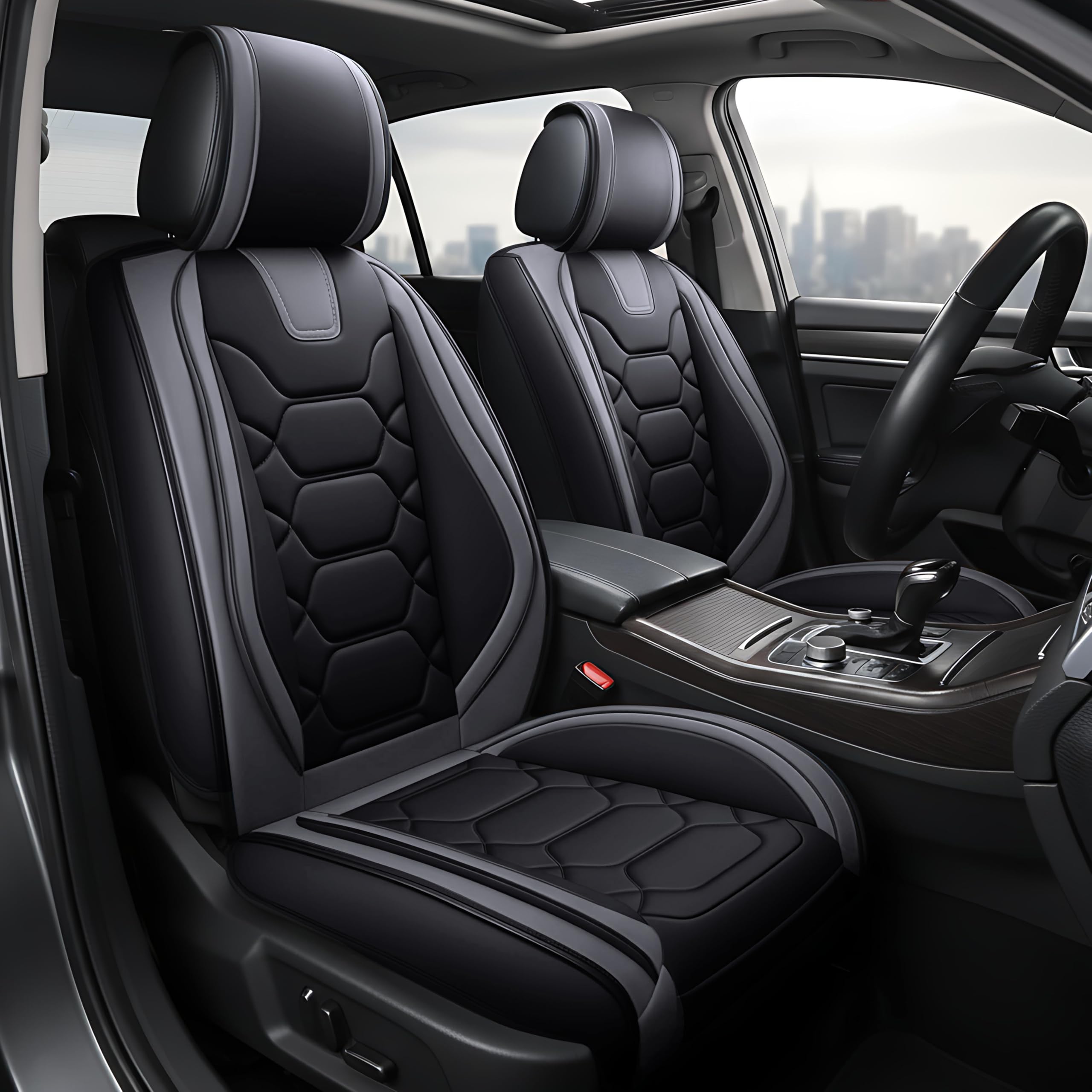 OASIS AUTO Car Seat Covers Full Set, Waterproof Faux Leather Seat Covers for Cars Universal Fit for SUV, Truck, Sedan, Black Premium Car Seat Protector with Front & Back Cushions (OS-004 Black&Gray)