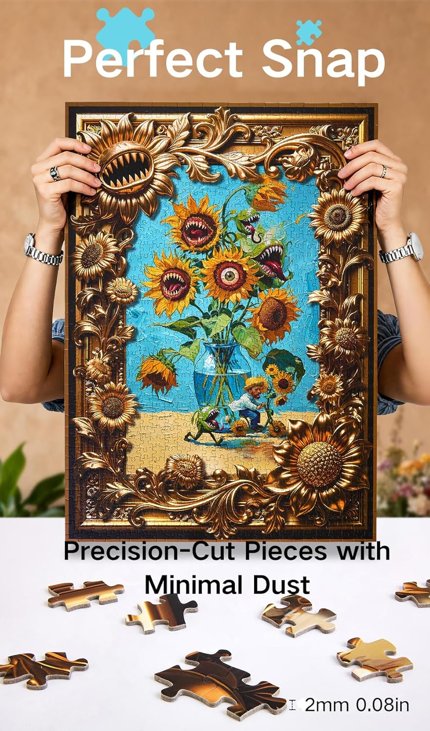 Van Gogh Mutant Sunflowers Jigsaw Puzzle 1000 Pieces for Adults, Funny Horror Art Puzzle for Family Night, Thoughtful Gift &Home Decor with Unique Golden Border Design, 27.6 x 19.7 in Hipazous