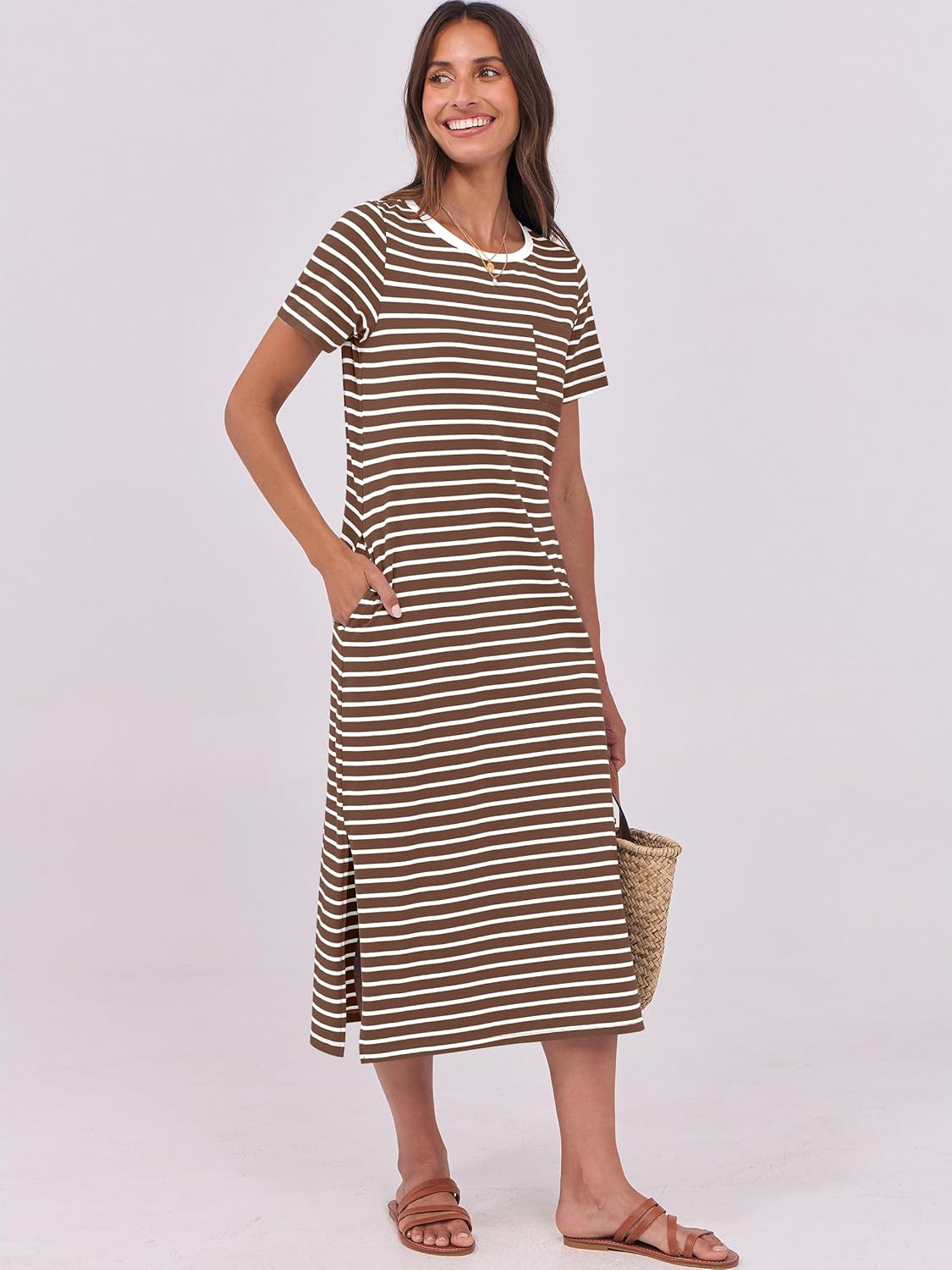 ANRABESS Womens Summer Casual Midi Dress Short Sleeve Crewneck T Shirt Long Dresses Split Stripe Beach Vacation Travel Outfit - Image 2