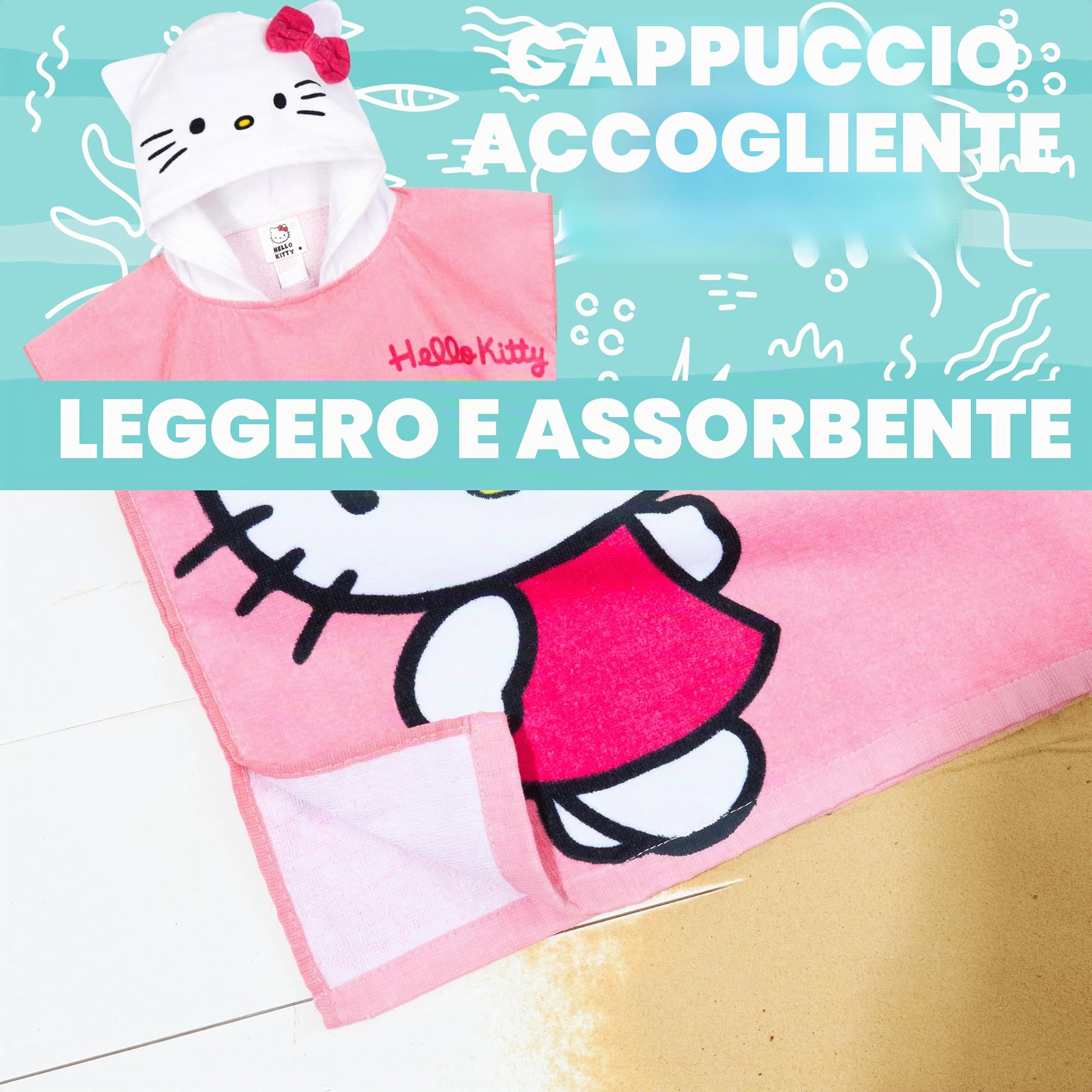 Hello Kitty Asciugamani Bagno con Cappuccio per Bambina Telo Mare Piscina Poncho Cinnamoroll Kuromi Assorbente Kawaii Asciugamano Cotone (Rosa Poncho Hello Kitty, 10-14 Anni)