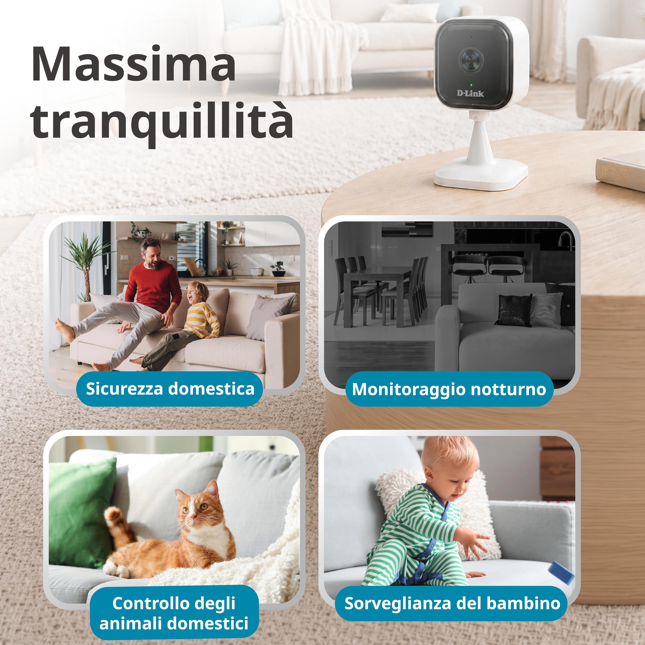 D-Link DCS-6012 Telecamera Wi-Fi Interna 2K, Rilevamento Persone AI, Avvisi Audio e Movimento, Visione Notturna, Audio Bidirezionale, Sicurezza WPA3, Cloud 1 Anno, Alexa e Google