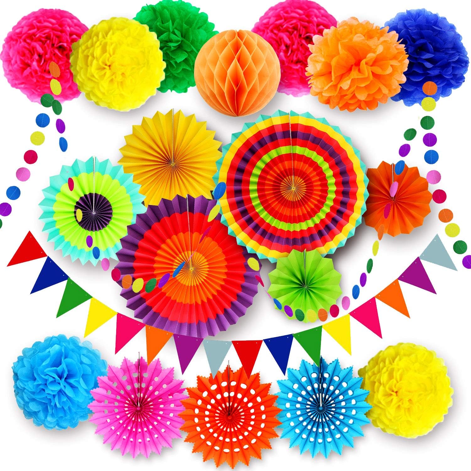 Fiesta Party Decorations Supplies, Multi-Color Hanging Paper Fans, Pom Poms Flowers, Garlands String Polka Dot, Triangle Bunting Flags for Birthday Parties, Wedding Decor, Fiesta or Mexican Party