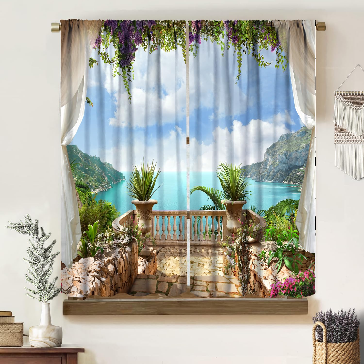 Tropical Natural Scenery Curtains, Vacation Theme Vintage Medieval Lush Floral Decor Exotic Seaside Castle Balcony, Blackout Rod Pocket Window Treatments for Living Room Bedroom (21x45in) x2 Panels