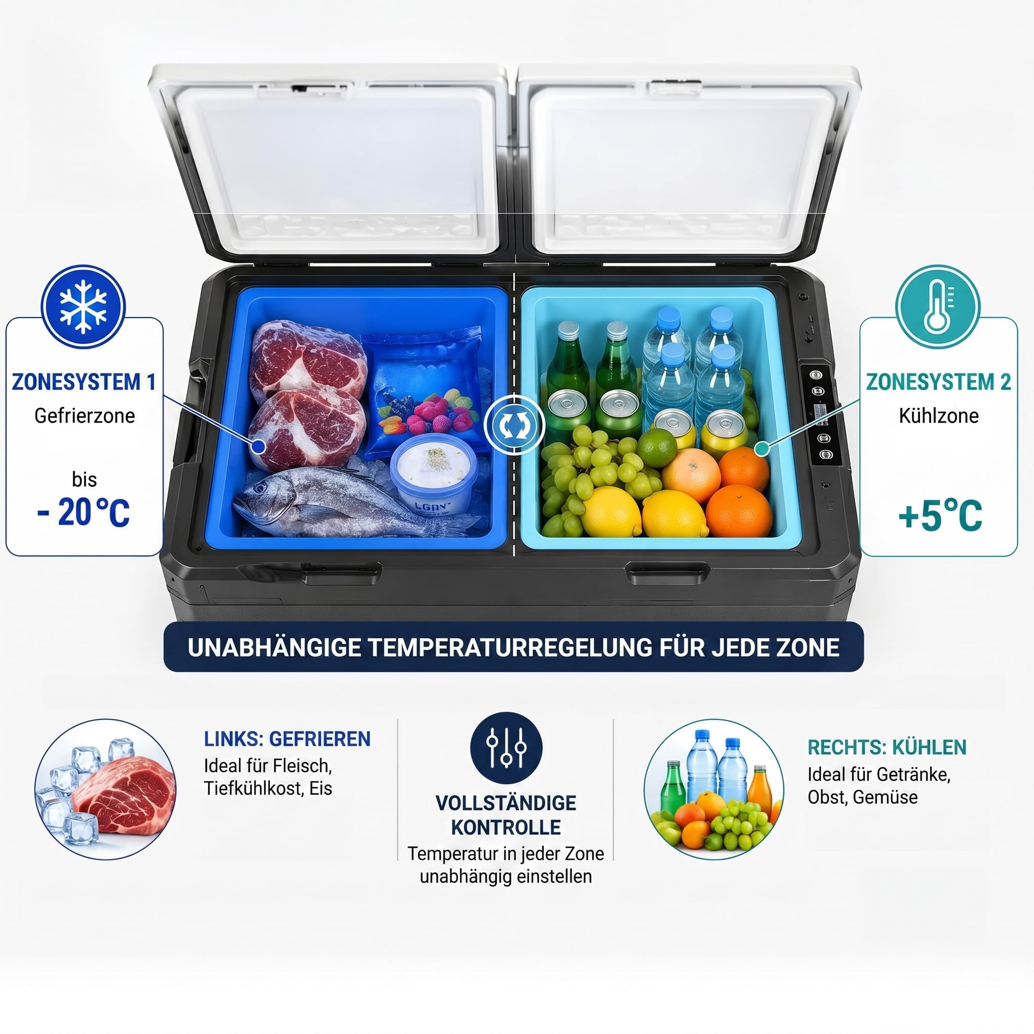 Przenośna lodówka kempingowa z kompresorem 60 l – kompaktowa lodówka podróżna do samochodów kempingowych z zamrażarką do -20 °C, 12 V, 24 V, 230 V, cicha i wydajna