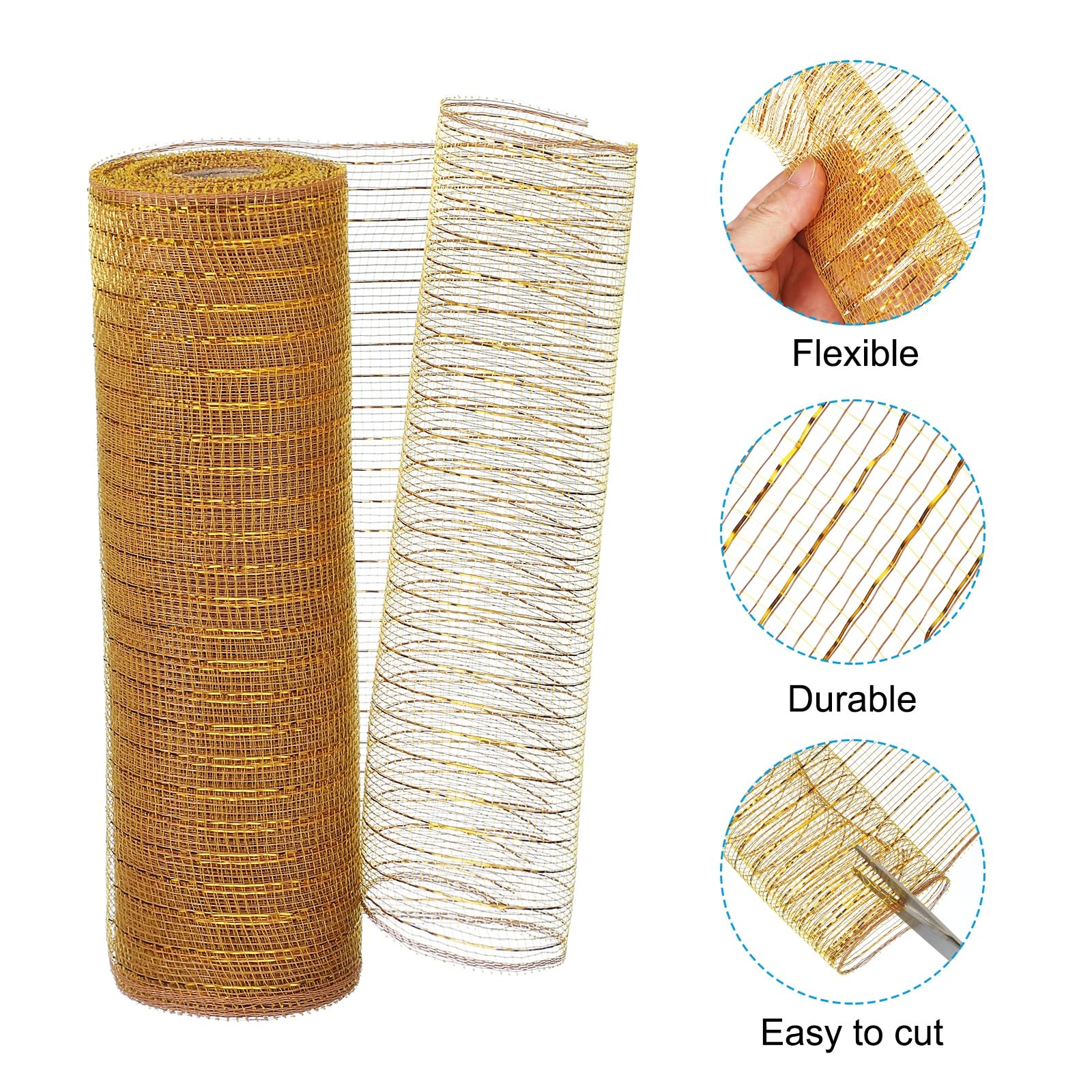 PATIKIL Decorative Mesh Ribbon, 10 Inch x 10 Yard Mesh Ribbon Roll Foil Metallic for Christmas Tree Wreath Decoration Gold/Brown - Image 3