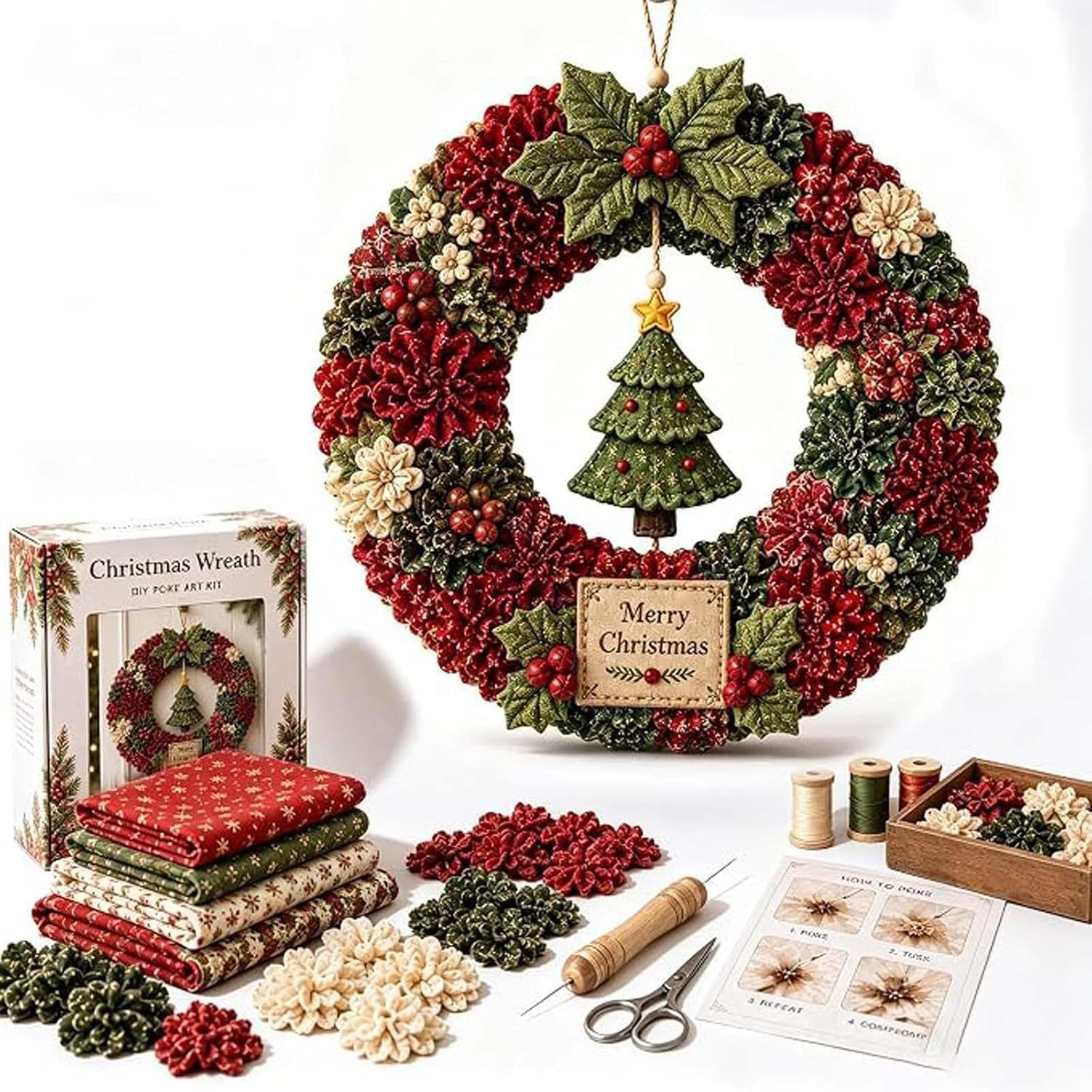 3D Fabric Poke Wreath DIY Kit Christmas Wreath Making Kit for Adults, Make Your Own Fabric Christmas Wreath, Beginner-Friendly Holiday Wreath Making Kit & Door Decoration，#C