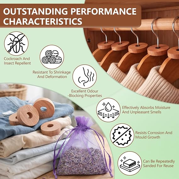 Natural Moth Repellent Cedar Blocks, 30 Cedarwood Rings, 5 Lavender Sachets