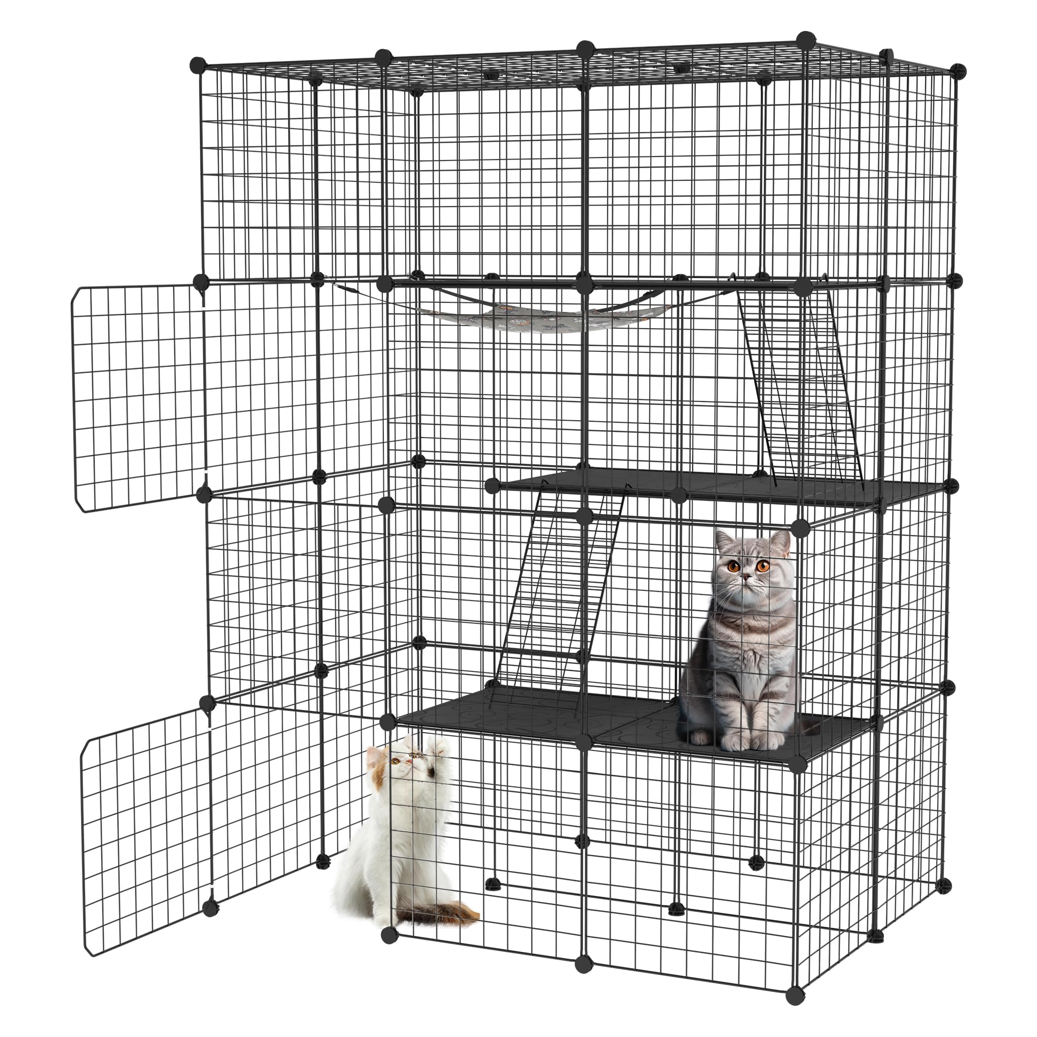 Aufun Großer Katzenkäfig 4 Ebene aus Metall mit 2 Leitern DIY Katzenlaufstall Zusammenklappbarer Katzengehege Outdoor Abnehmbarer Freigehege Katzen Katzenauslauf Kleintierelaufstall,110x74x146 cm