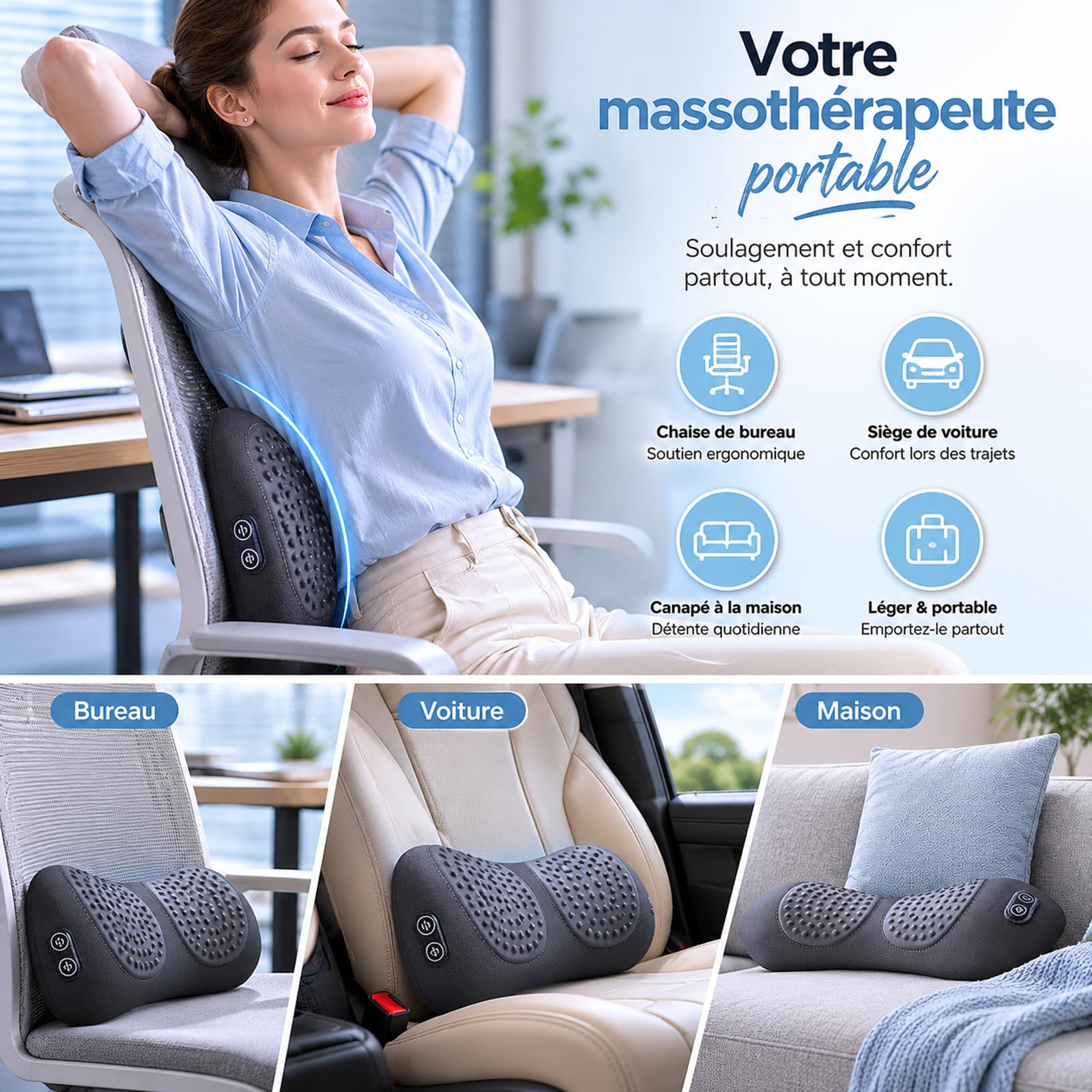 LombaTech 3 en 1 Décompression Vertébrale à Domicile, Masajeador de Espalda con Calor Ajustable y Vibración, Soporte Lumbar Ergonómico, Dispositivo de Relajación Muscular para Hogar y Oficina