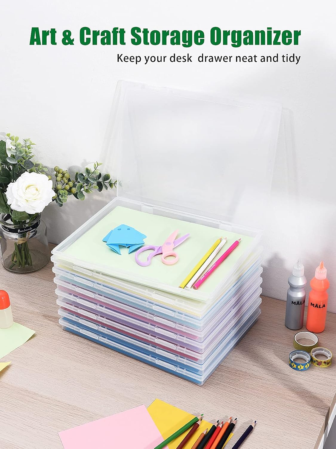 iBune 4 Pack Portable A4 File Project Case, Plastic Storage Box for 8.27" x 11.69" A4 Paper, Documents Magazines Paper Holder Protector, Clear Slim Storage Organizer for Office Supplies Accessories, White : Office Products