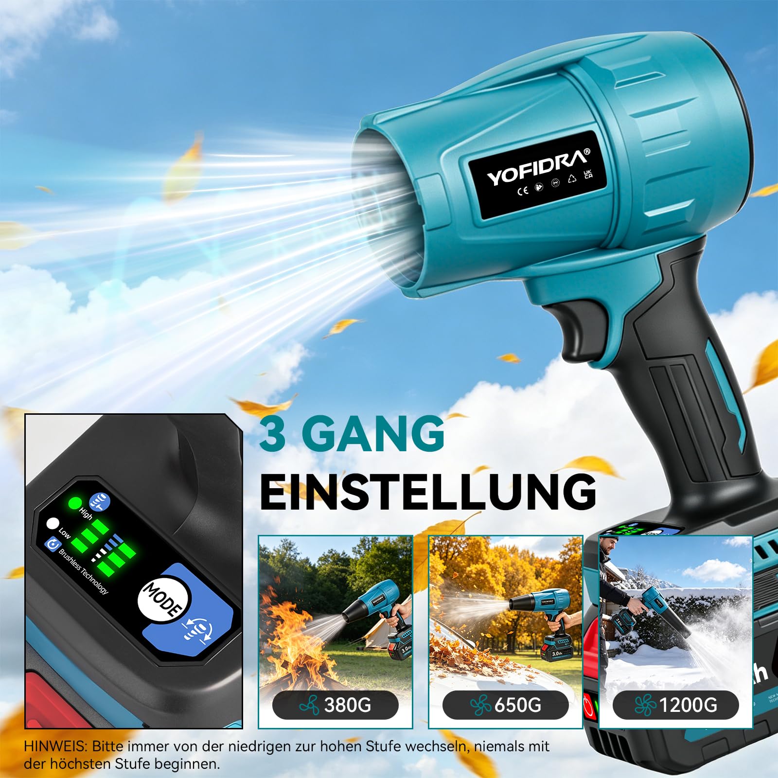Yofidra Upgrade Turbo Gebläse Akku, Bürstenloses Laubbläser Akku, 300m/s Jet Fan mit 2 Akkus, 3 Gang, 4 Düsen, 33,000RPM Turbo Fan für Laubblasen Auto Laub, Schnee, Staub
