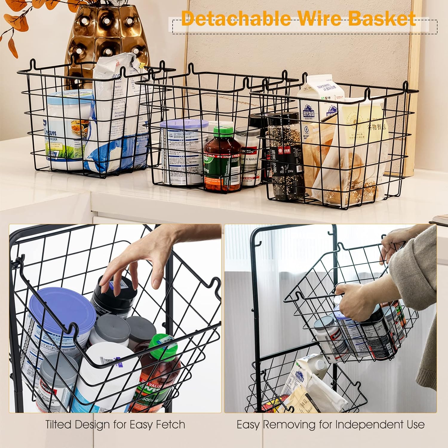 PETSITE Wire Market Basket Stand, 3-Tier Detachable Fruit Vegetables Storage Organizer, Multifunctional Household Organization Shelf for Kitchen Bathroom Office Pantry Floor Stand