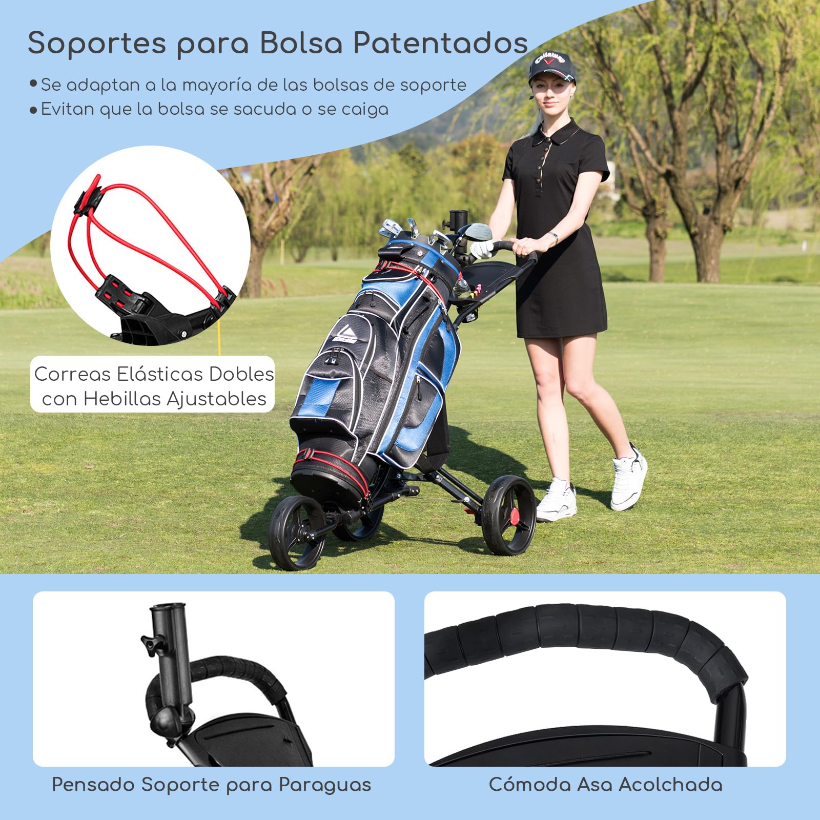 COSTWAY Carrito de Golf 3 Ruedas Plegable Ajustable Aluminio con Paragüero Negro