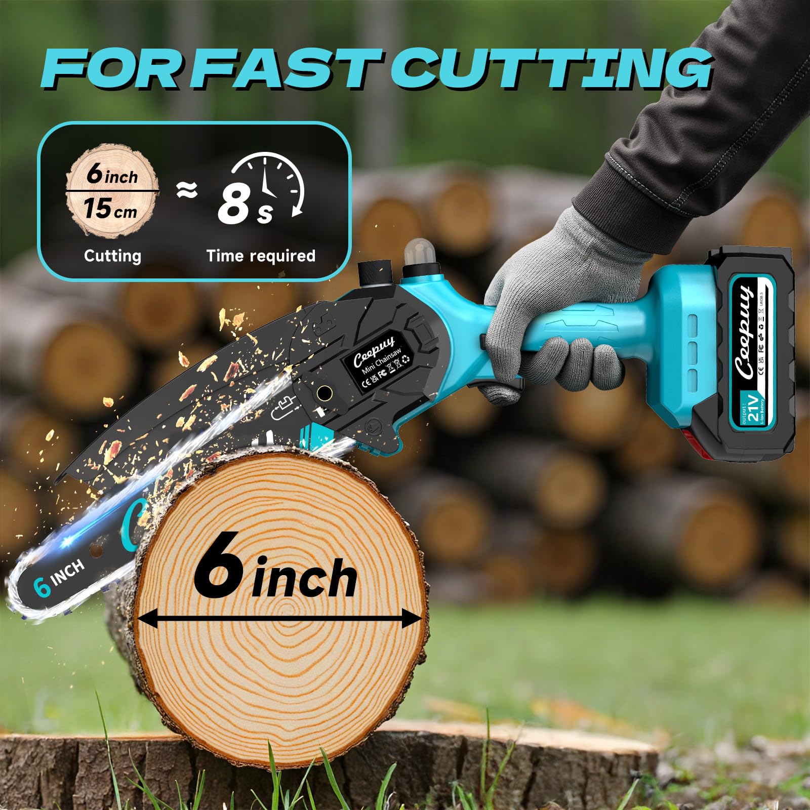 Mini Akku Kettensäge 6 Zoll mit 2x 4000 mAh Akku, 880 W Reinkupfermotor, Sicherheitsverriegelung – Elektrische Handkettensäge für Garten, Äste und Holz