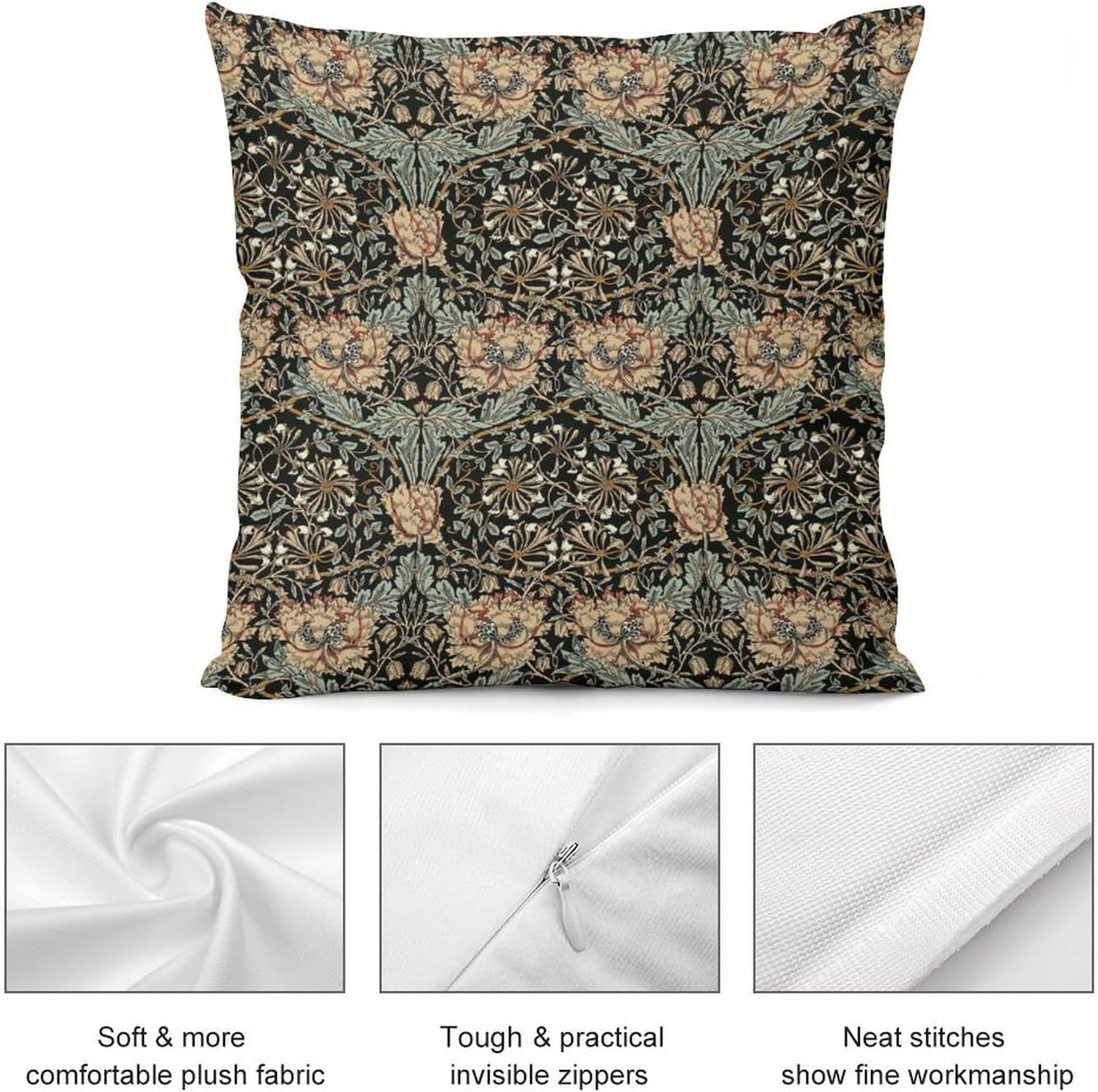 William Morris Floral Original Throw Pillow Covers Boho Chic Retro Floral Cozy Square Throw Pillowcases Home Decor for Bed Couch Sofa Living Room Cushion Cover 22"X22"Set of 2