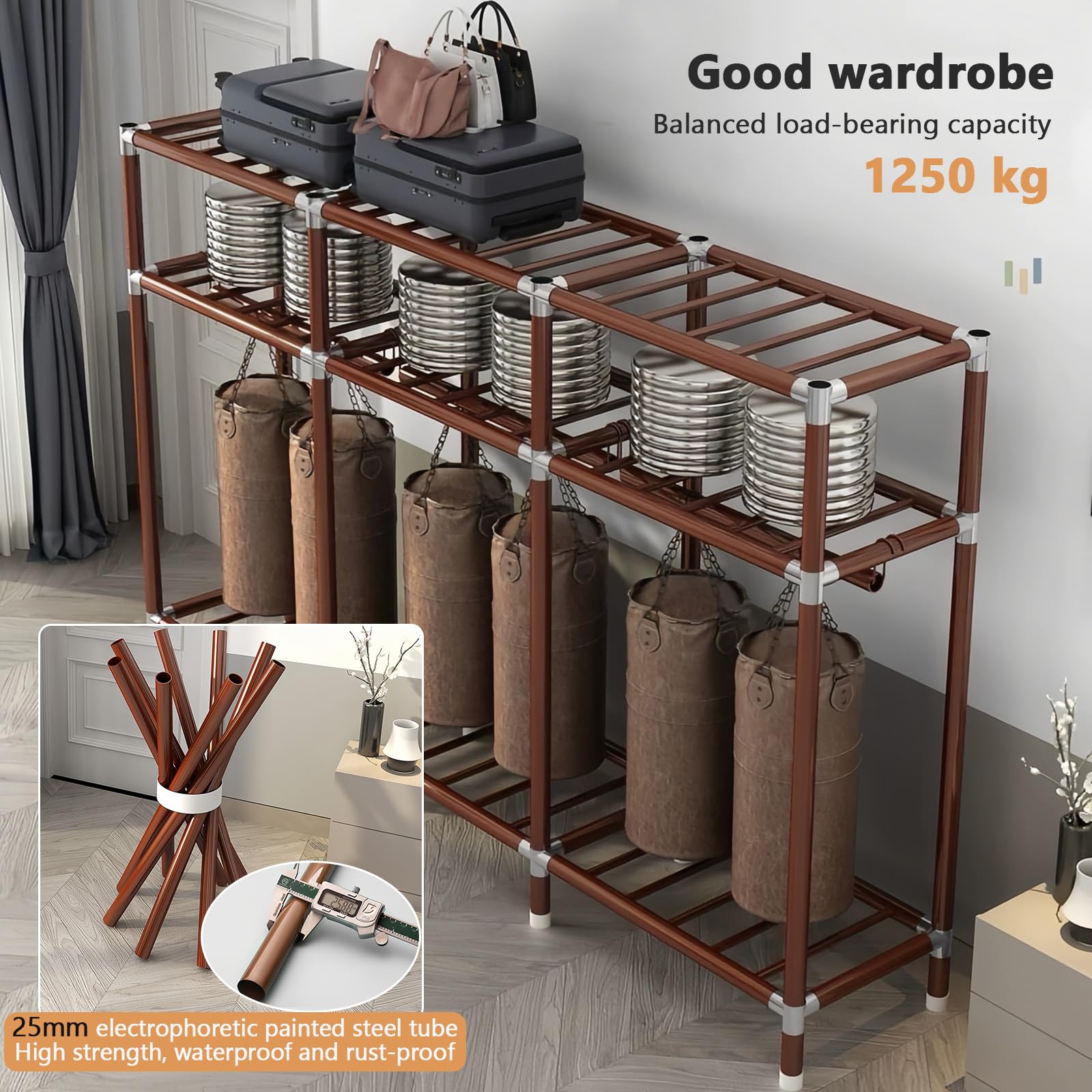 Armadio in Tessuto, Armadio Salvaspazio Guardaroba, Armadio Portatile Grigio, Armadio Guardaroba per Camera da Letto, Tubo in Acciaio per Elettroforesi Verniciato da 25 mm, 200 x 46 x 170 cm