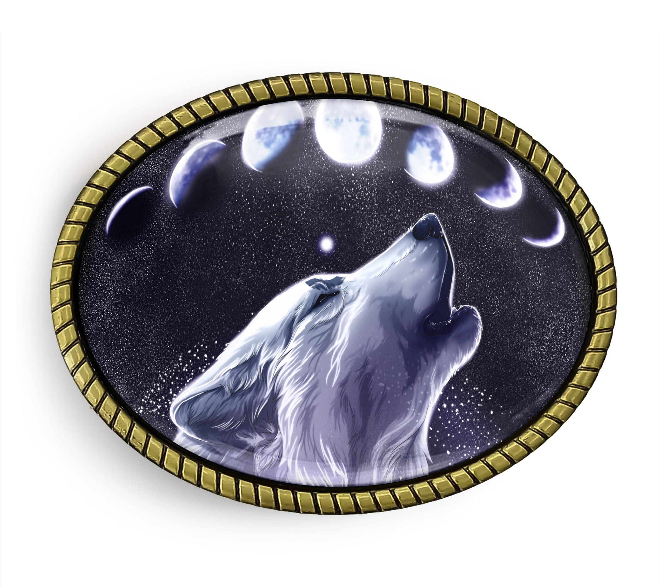 Wolf Belt Buckle - Full Moon Lunar Cycle Handmade Artisan Buckle (Antique Gold)