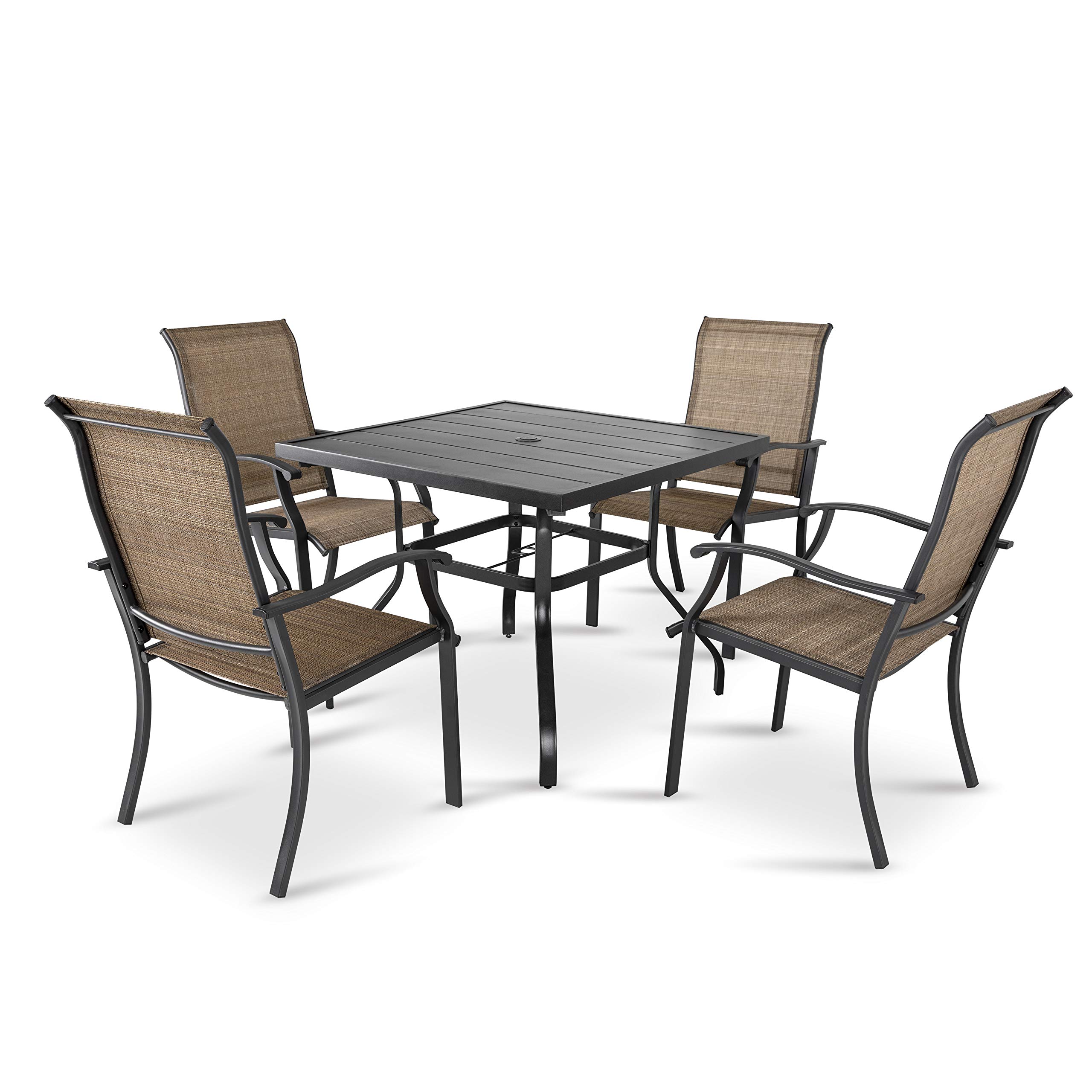NUU GARDEN5 Piece Patio Dining Set Outdoor Table and Chairs Set for Garden Patio Backyard, 4 Textilene Dining Chairs and 1 Iron Patio Table with Umbrella Hole, Black and Brown