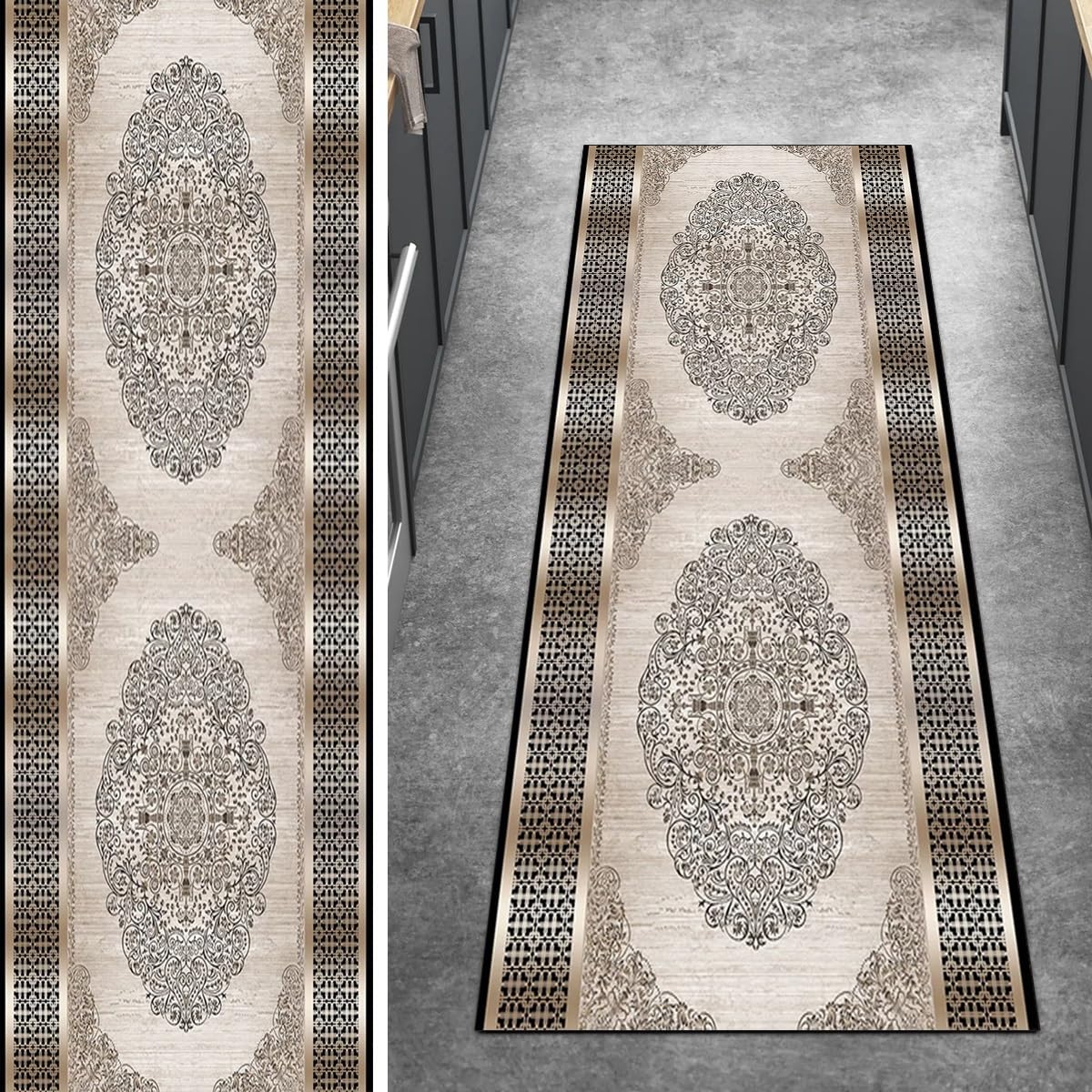 Tapis de couloir vintage 60 x 220 cm en polyester lavable au mètre