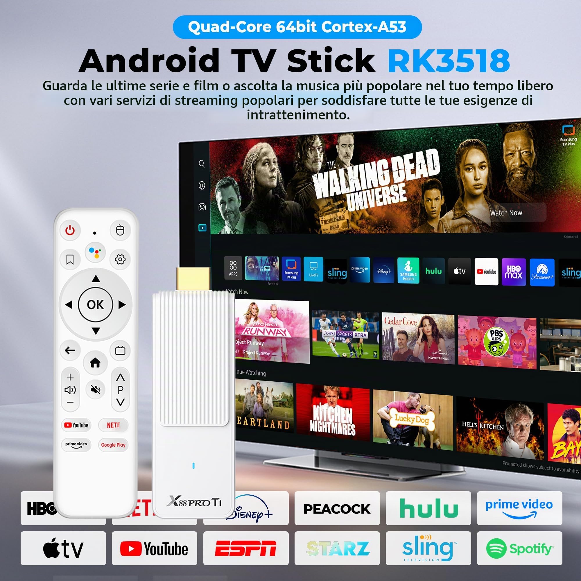 4K Android TV Stick 14.0, 2026 Mini TV Stick 2 GB di RAM 16 GB di ROM Ultra HD CPU RK3518 Supporta Wi-Fi 6 2.4G/5G Bluetooth 5.0 USB HDR10 Smart TV Box con Telecomando vocale Bluetooth - Bianco