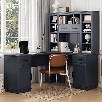 RUNNA L-Shaped Home and Office Computer Desk with Storage Antique Blue#048