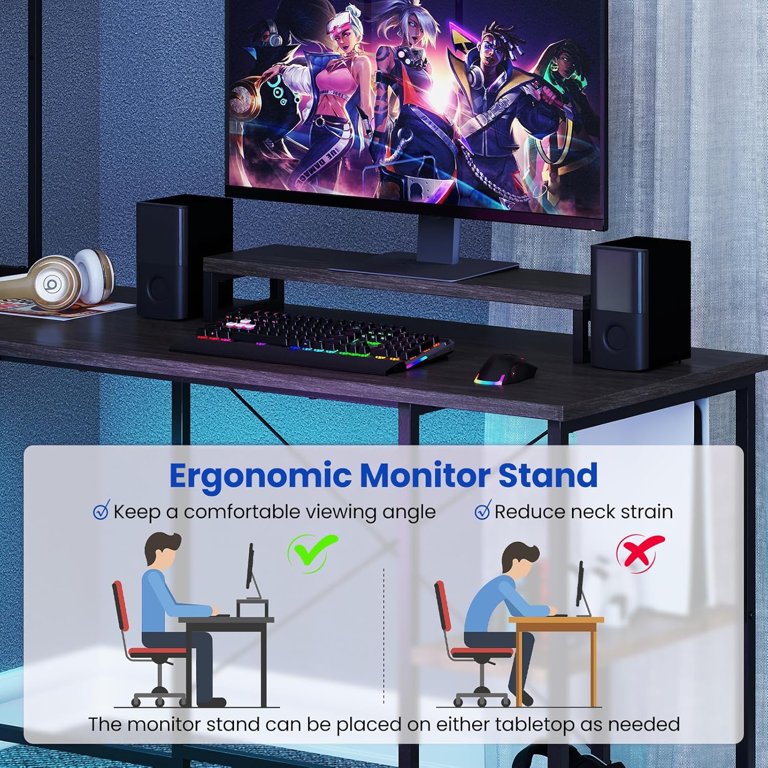 Tangkula L-Shaped Desk with LED Strip & Power Outlets, Reversible Corner Computer Desk with Hutch, Monitor Stand, CPU Stand, Storage Shelves, Headphone Hook, L-Shaped Gaming Desk (Grey)