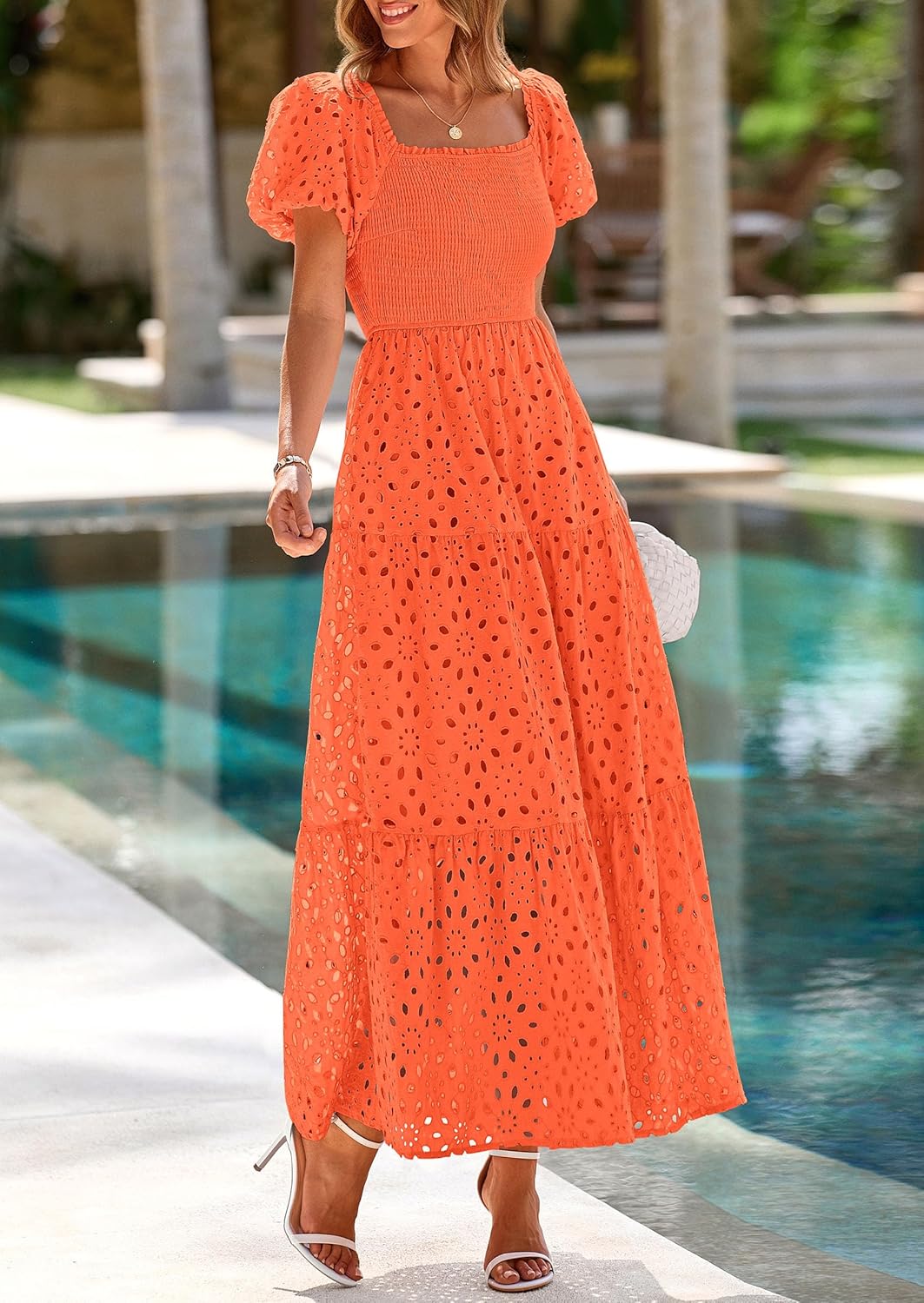 PRETTYGARDEN Summer Dresses for Women 2026 Eyelet Square Neck Puff Sleeve Smocked Wedding Guest Maxi Dress with Pockets - Image 4